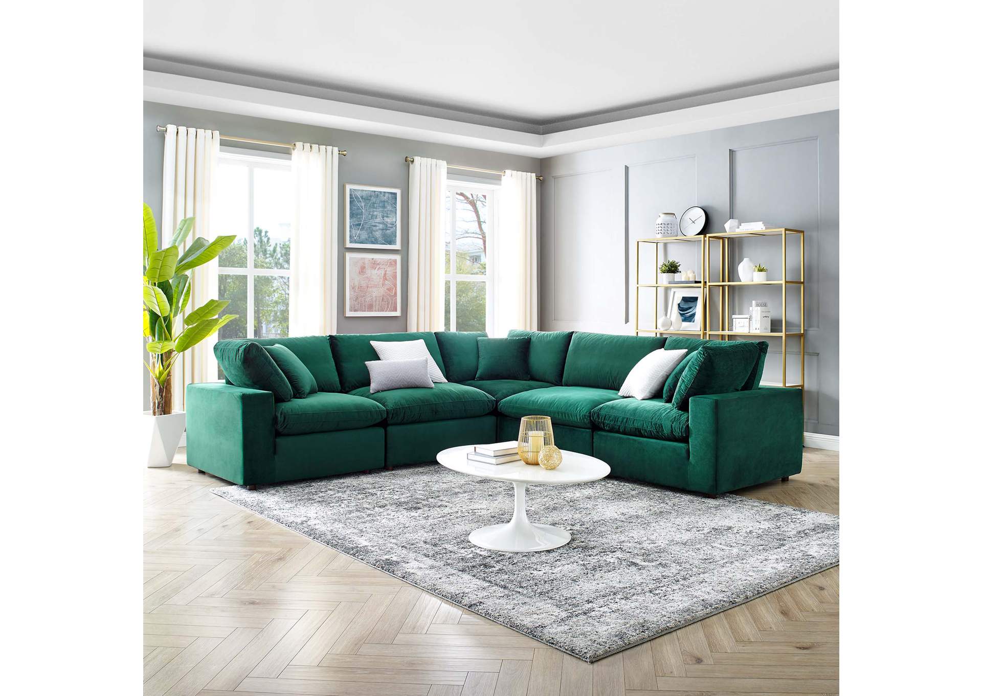 Green Commix Down Filled Overstuffed Performance Velvet 5-Piece Sectional Sofa,Modway