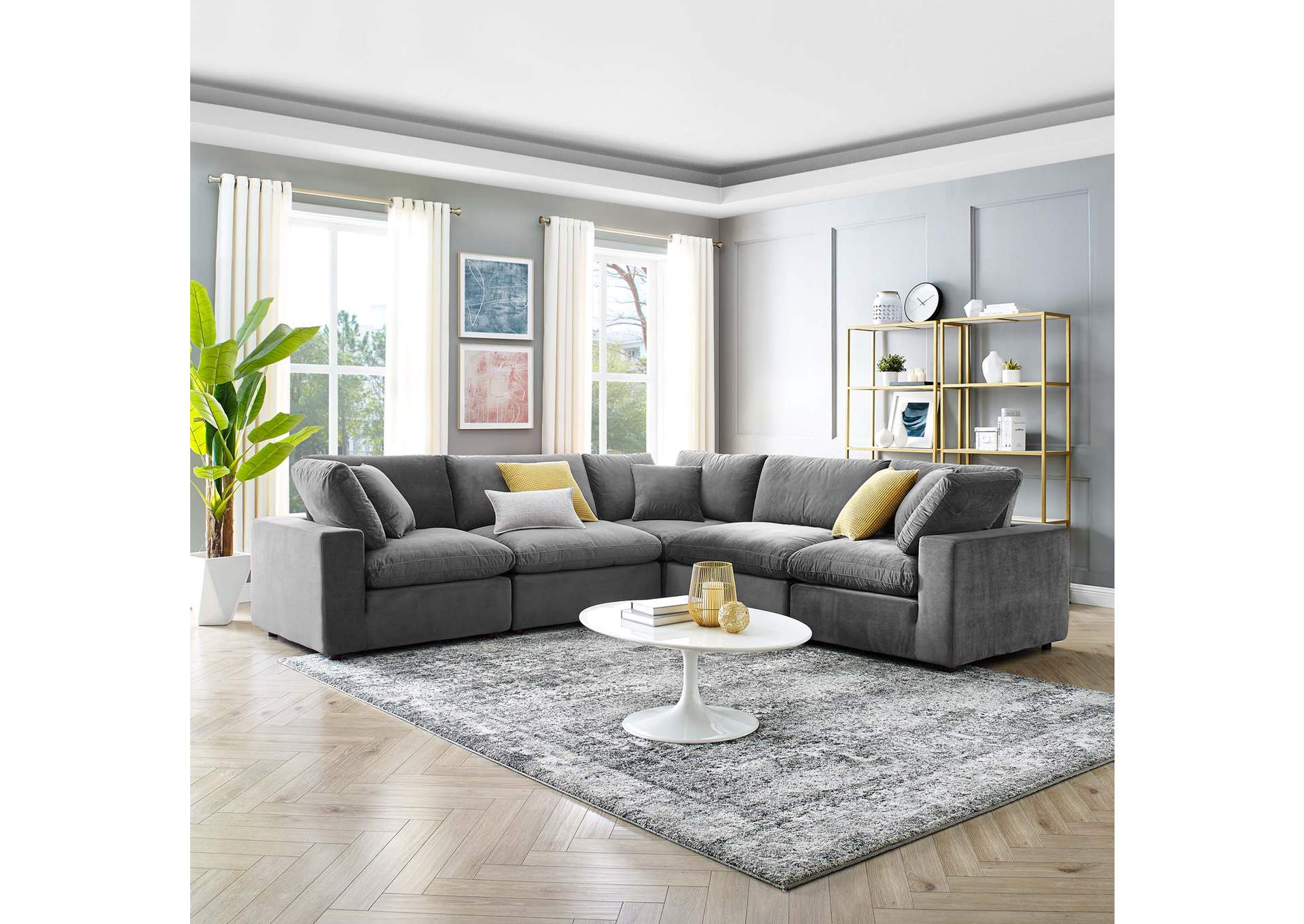 Gray Commix Down Filled Overstuffed Performance Velvet 5-Piece Sectional Sofa,Modway