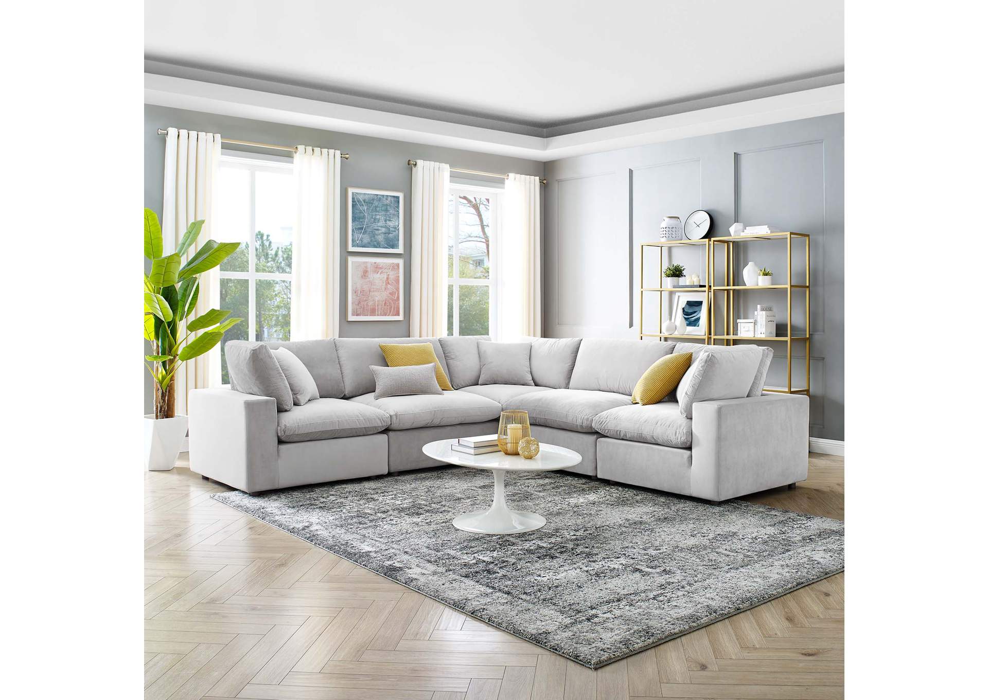 Light Gray Commix Down Filled Overstuffed Performance Velvet 5-Piece Sectional Sofa,Modway