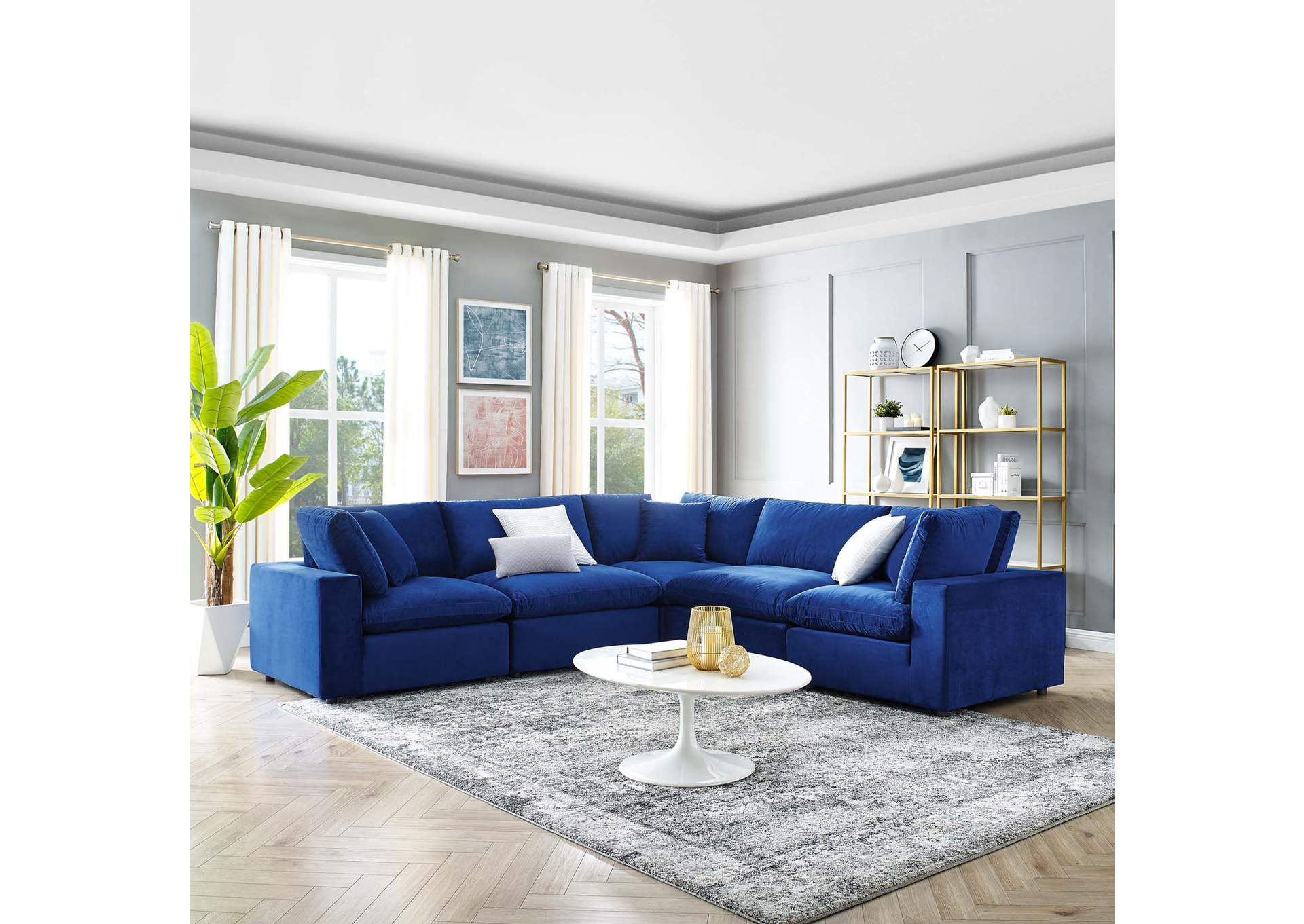 Navy Commix Down Filled Overstuffed Performance Velvet 5-Piece Sectional Sofa,Modway