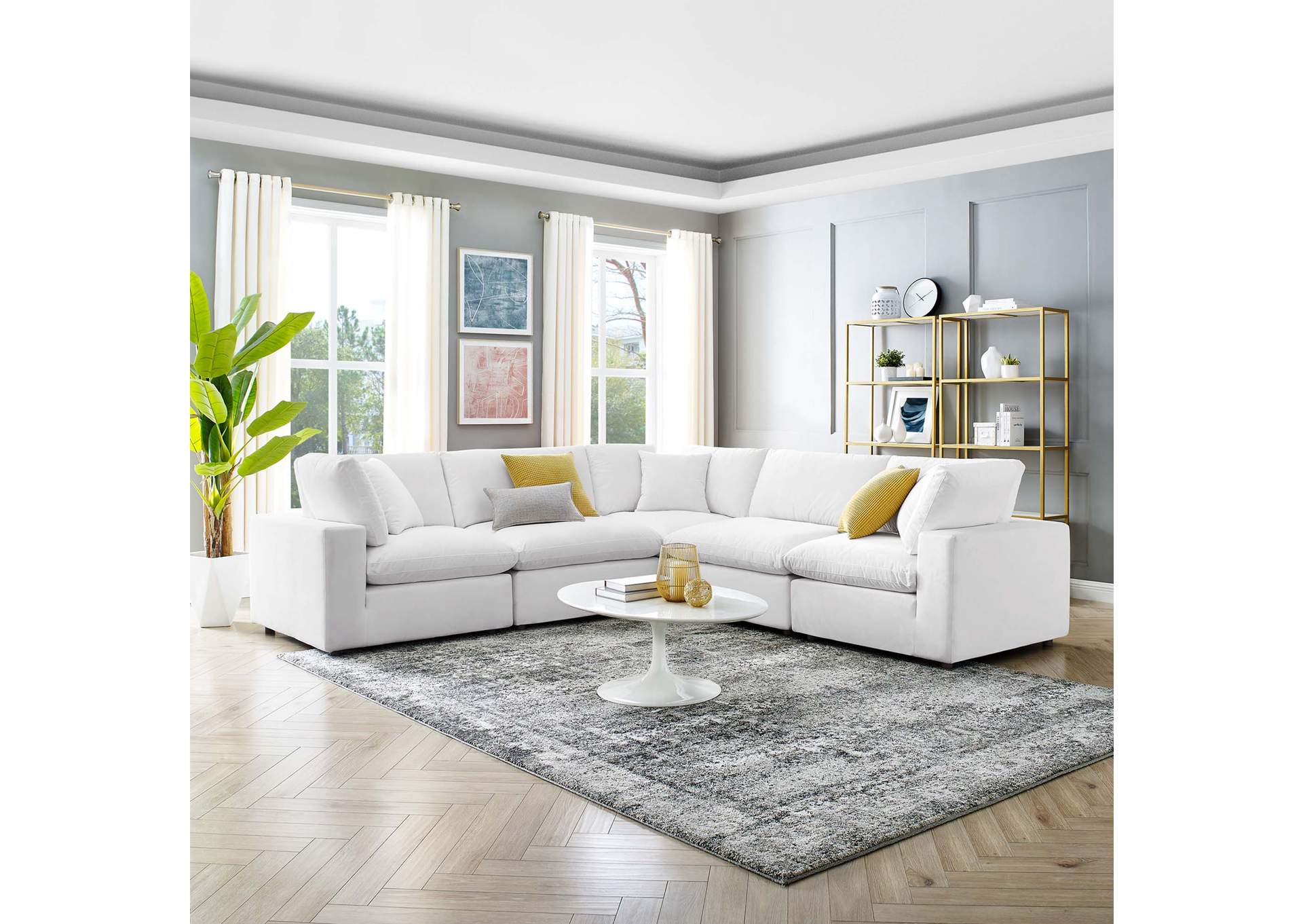 White Commix Down Filled Overstuffed Performance Velvet 5-Piece Sectional Sofa,Modway