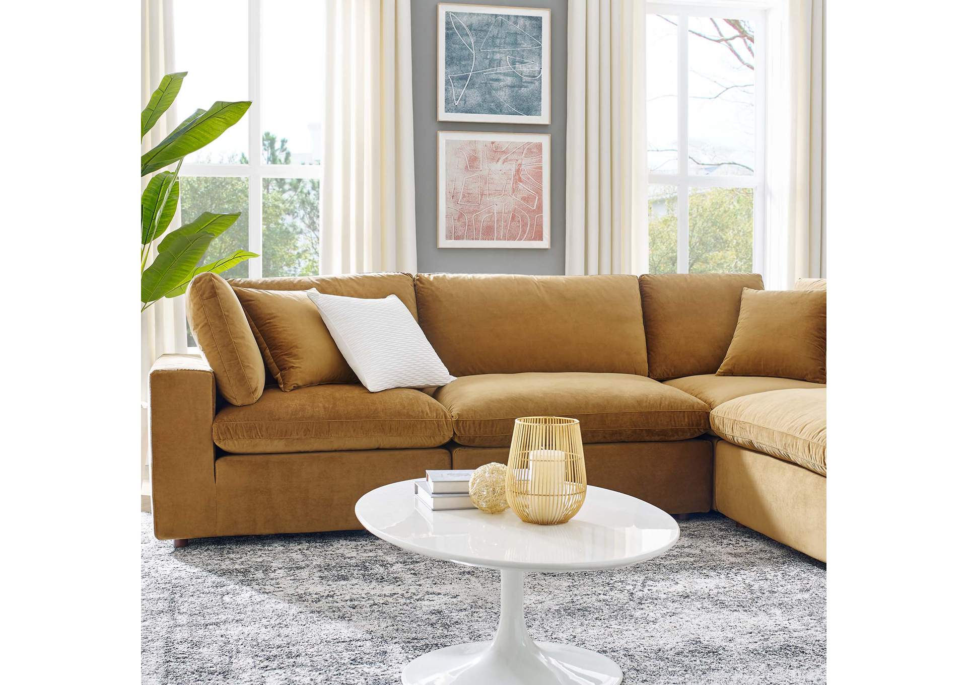 Cognac Commix Down Filled Overstuffed Performance Velvet 6-Piece Sectional Sofa,Modway