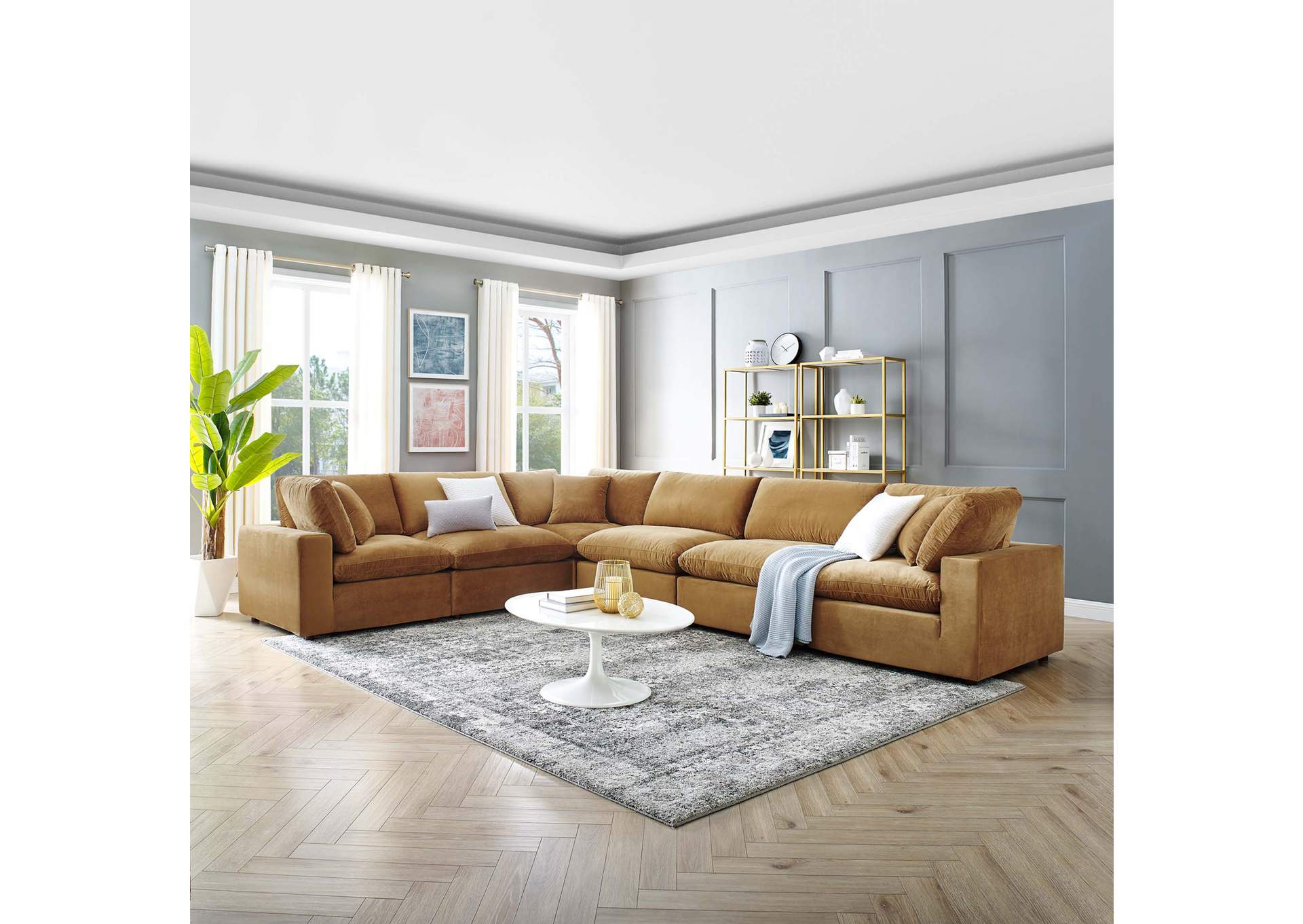 Cognac Commix Down Filled Overstuffed Performance Velvet 6-Piece Sectional Sofa,Modway