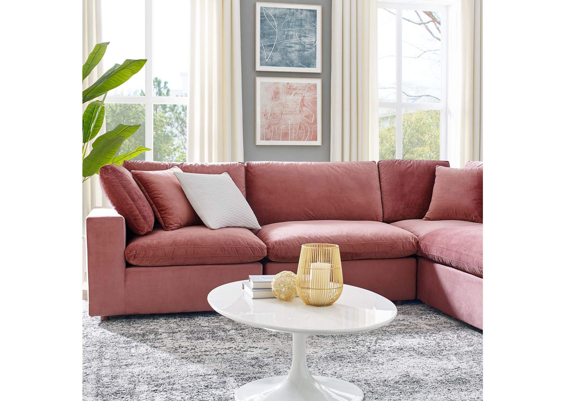 Dusty Rose Commix Down Filled Overstuffed Performance Velvet 6-Piece Sectional Sofa,Modway