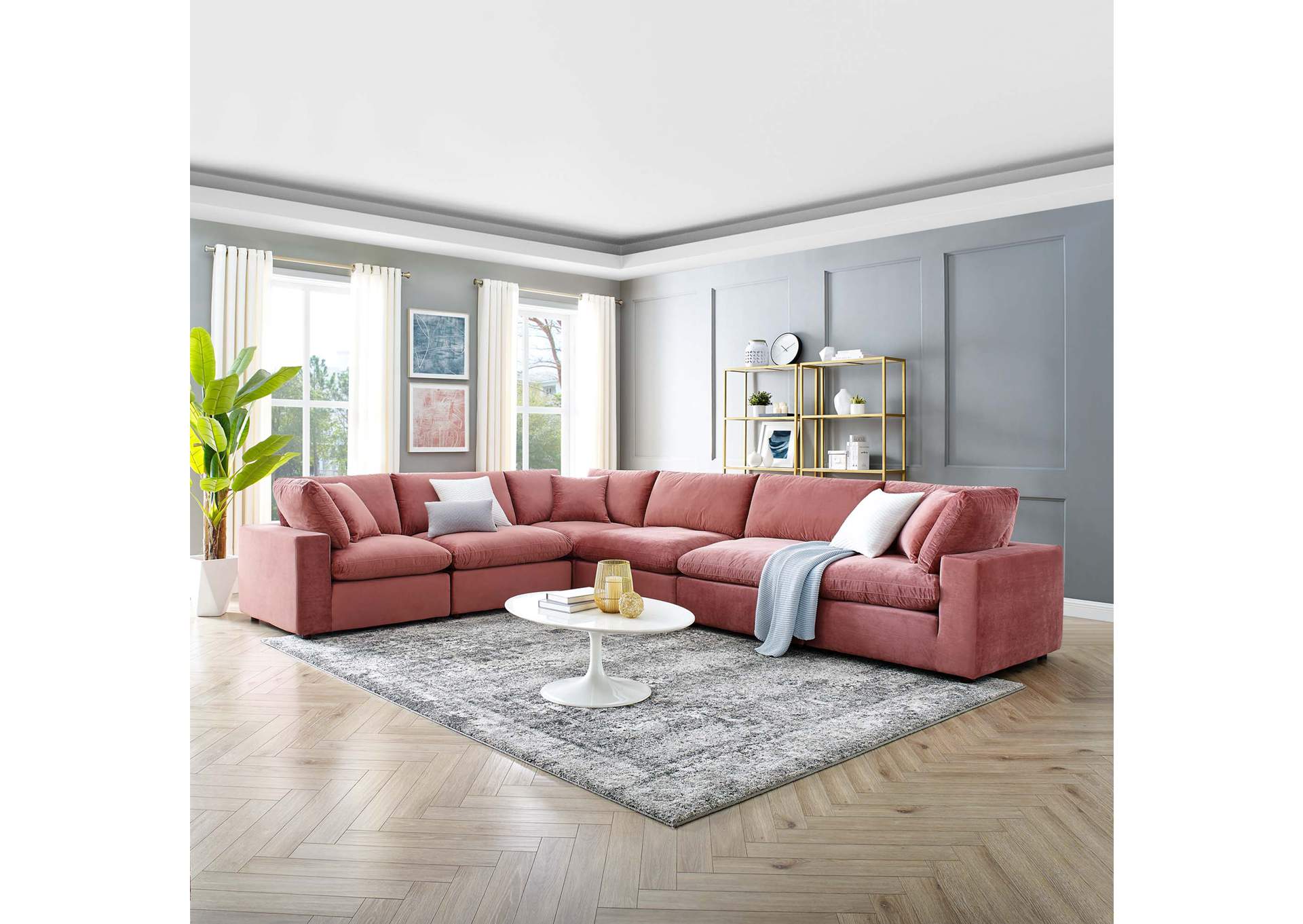 Dusty Rose Commix Down Filled Overstuffed Performance Velvet 6-Piece Sectional Sofa,Modway