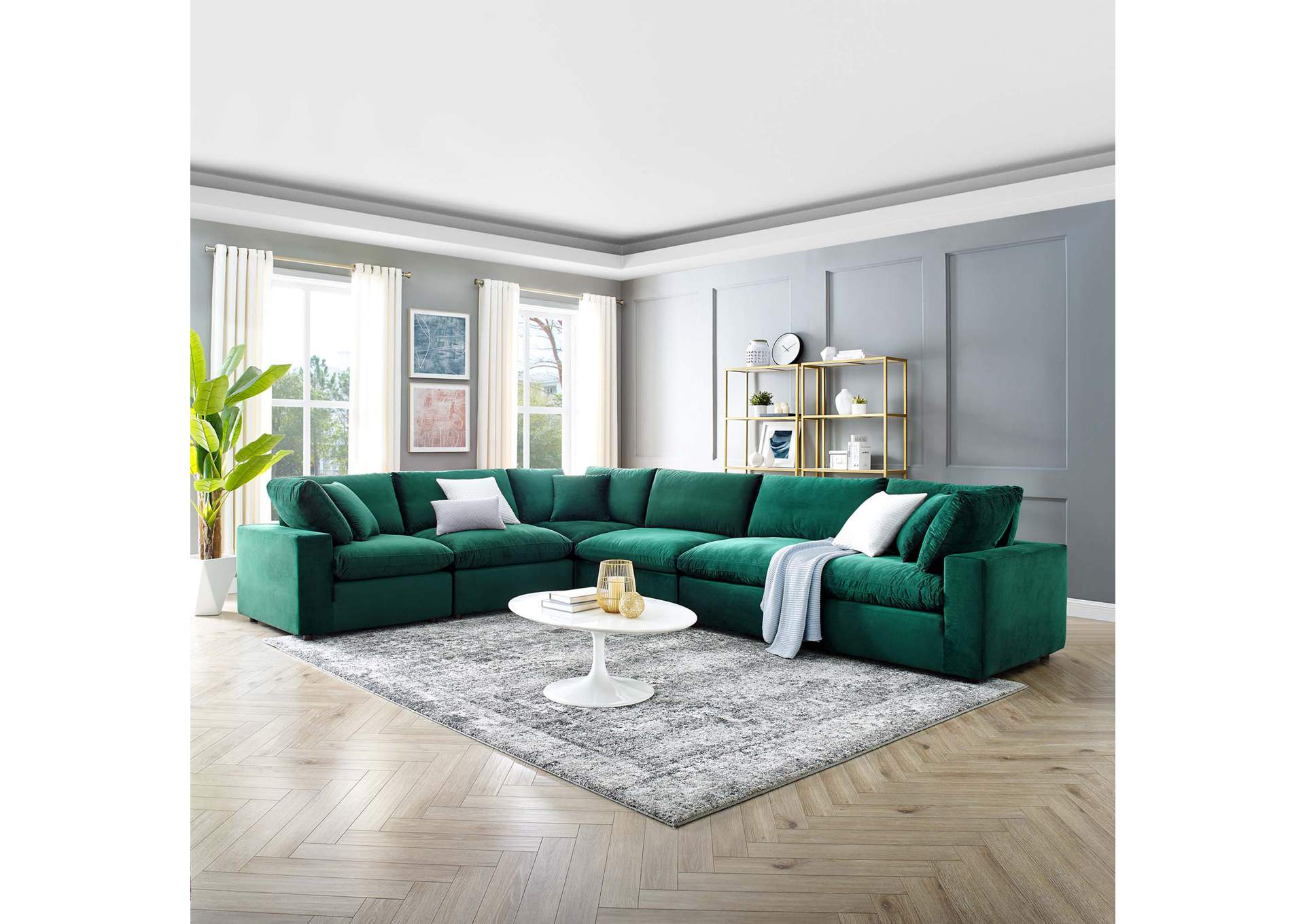 Green Commix Down Filled Overstuffed Performance Velvet 6-Piece Sectional Sofa,Modway