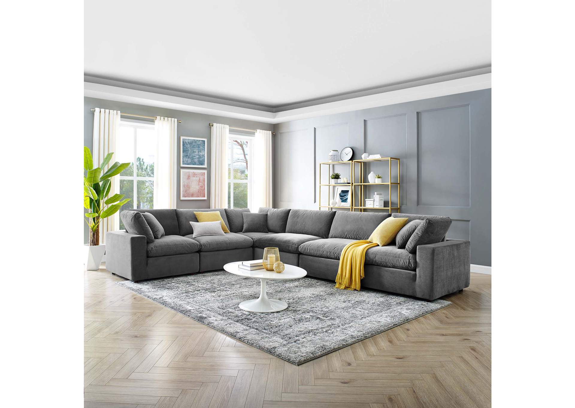 Gray Commix Down Filled Overstuffed Performance Velvet 6-Piece Sectional Sofa,Modway