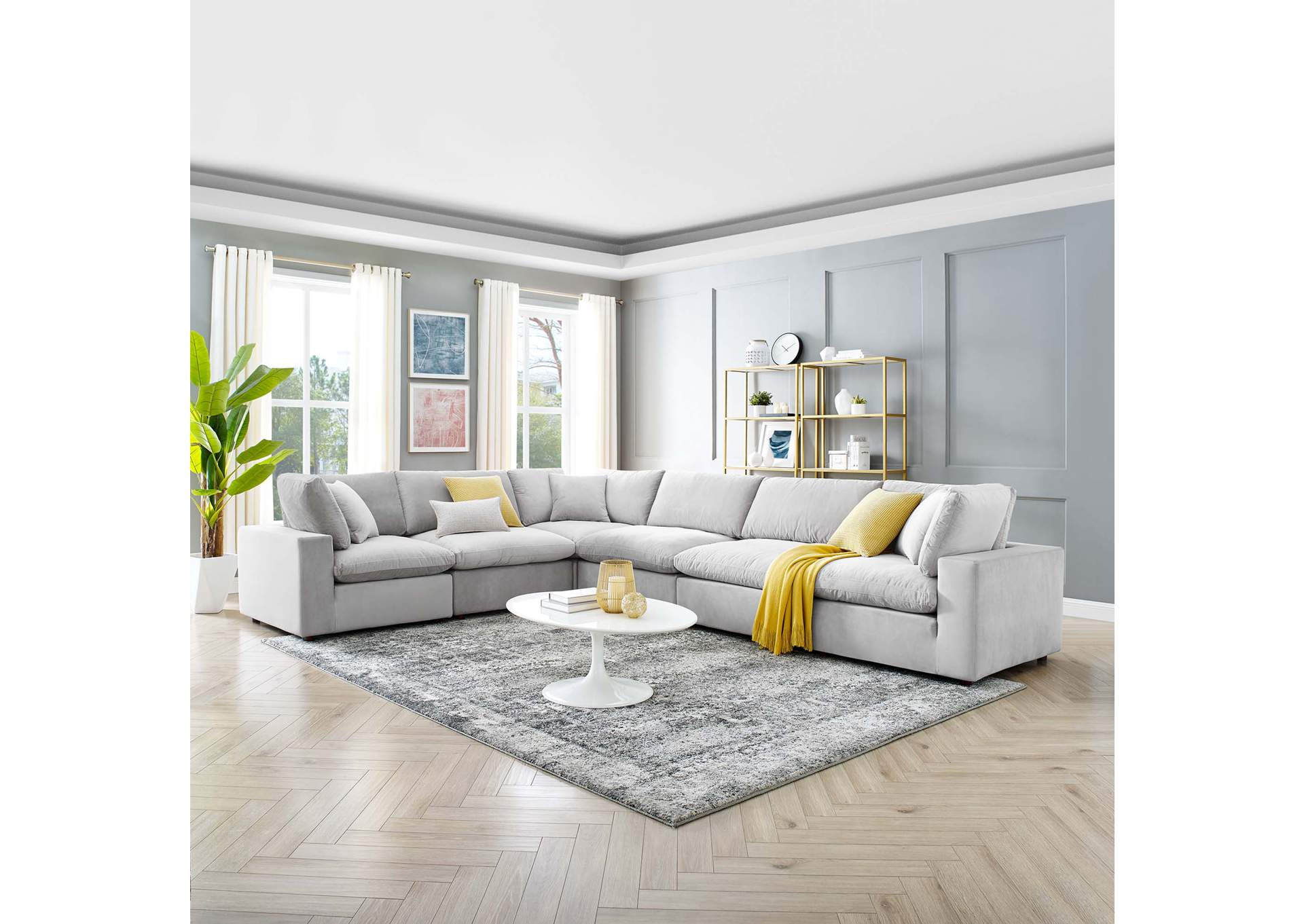 Light Gray Commix Down Filled Overstuffed Performance Velvet 6-Piece Sectional Sofa,Modway