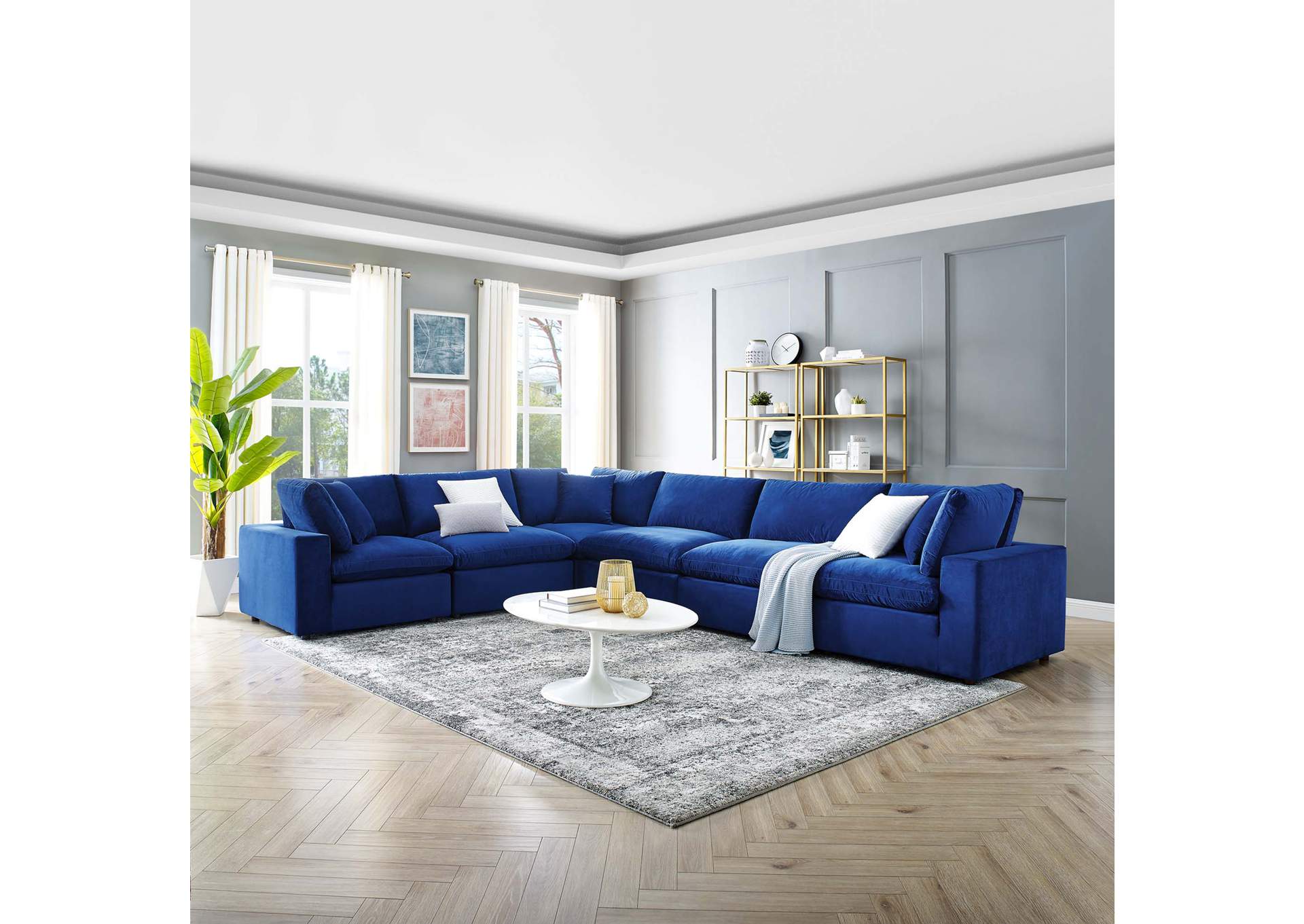 Navy Commix Down Filled Overstuffed Performance Velvet 6-Piece Sectional Sofa,Modway