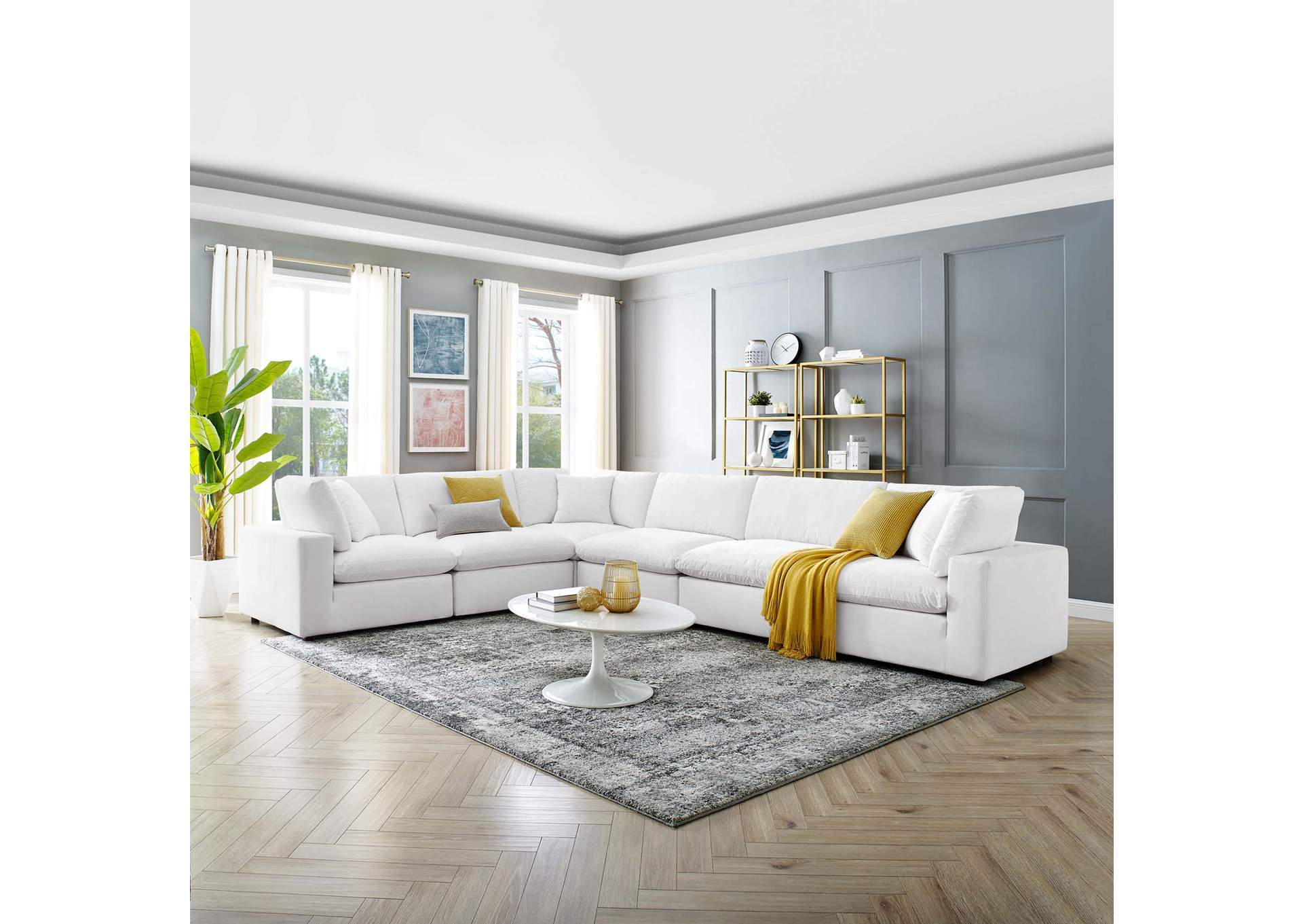 White Commix Down Filled Overstuffed Performance Velvet 6-Piece Sectional Sofa,Modway