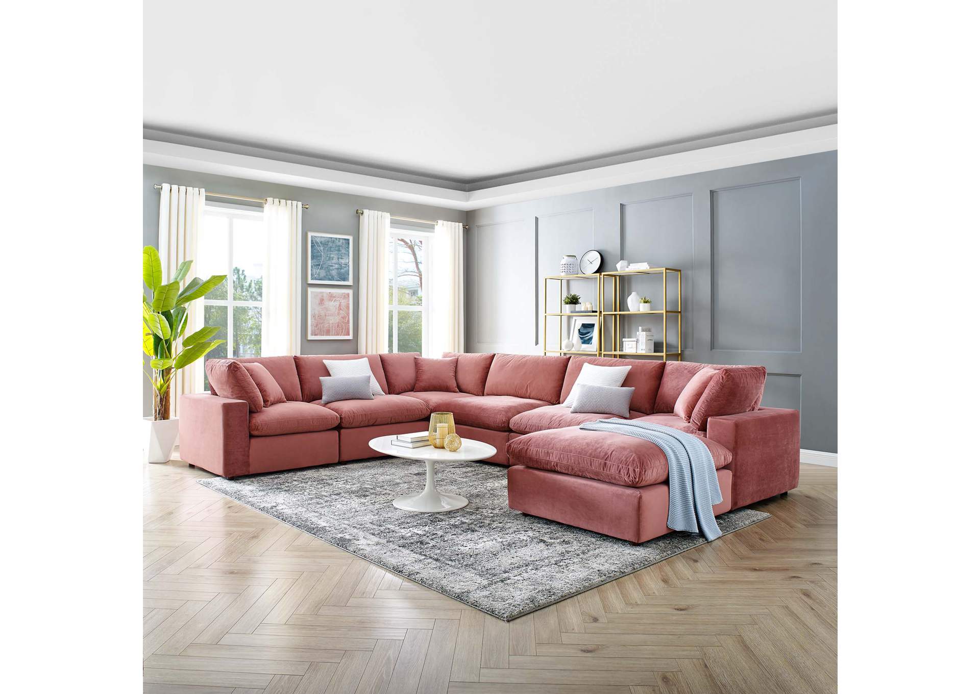 Dusty Rose Commix Down Filled Overstuffed Performance Velvet 7-Piece Sectional Sofa,Modway