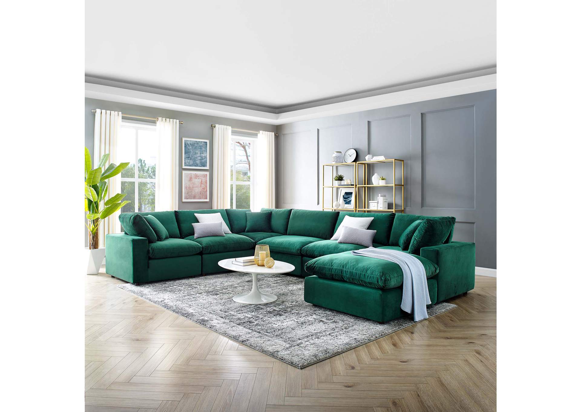 Green Commix Down Filled Overstuffed Performance Velvet 7-Piece Sectional Sofa,Modway
