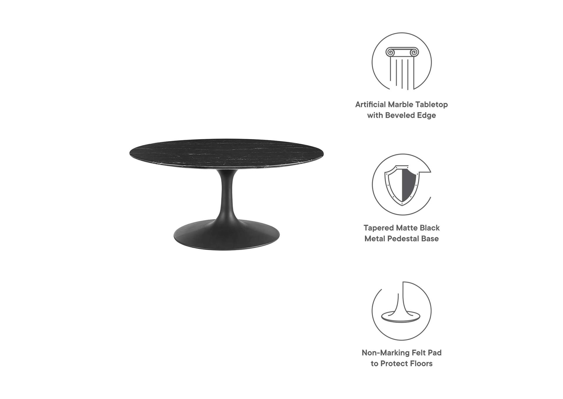 Black Black Lippa 36" Round Artificial Marble Coffee Table,Modway