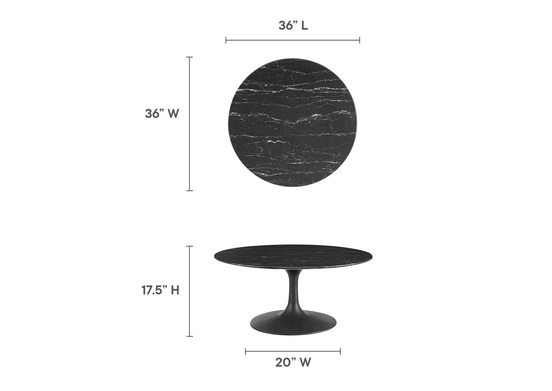 Black Black Lippa 36" Round Artificial Marble Coffee Table,Modway