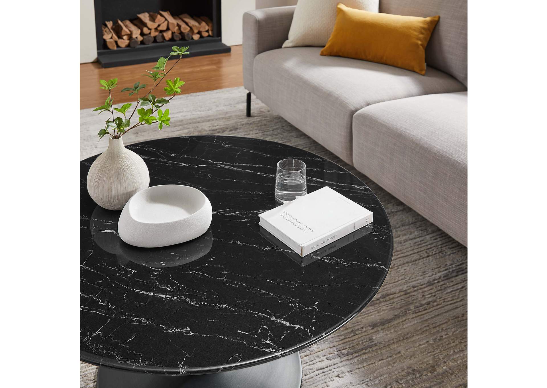 Black Black Lippa 36" Round Artificial Marble Coffee Table,Modway