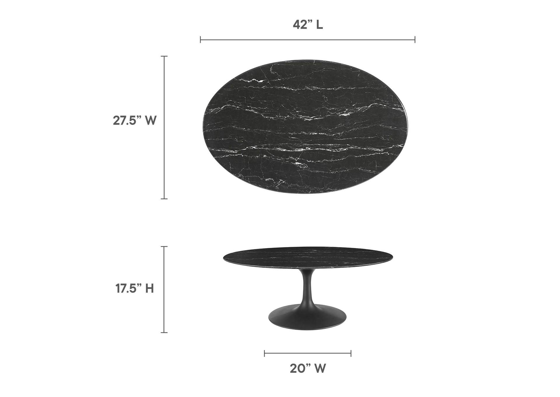 Black Black Lippa 42" Oval Artificial Marble Coffee Table,Modway
