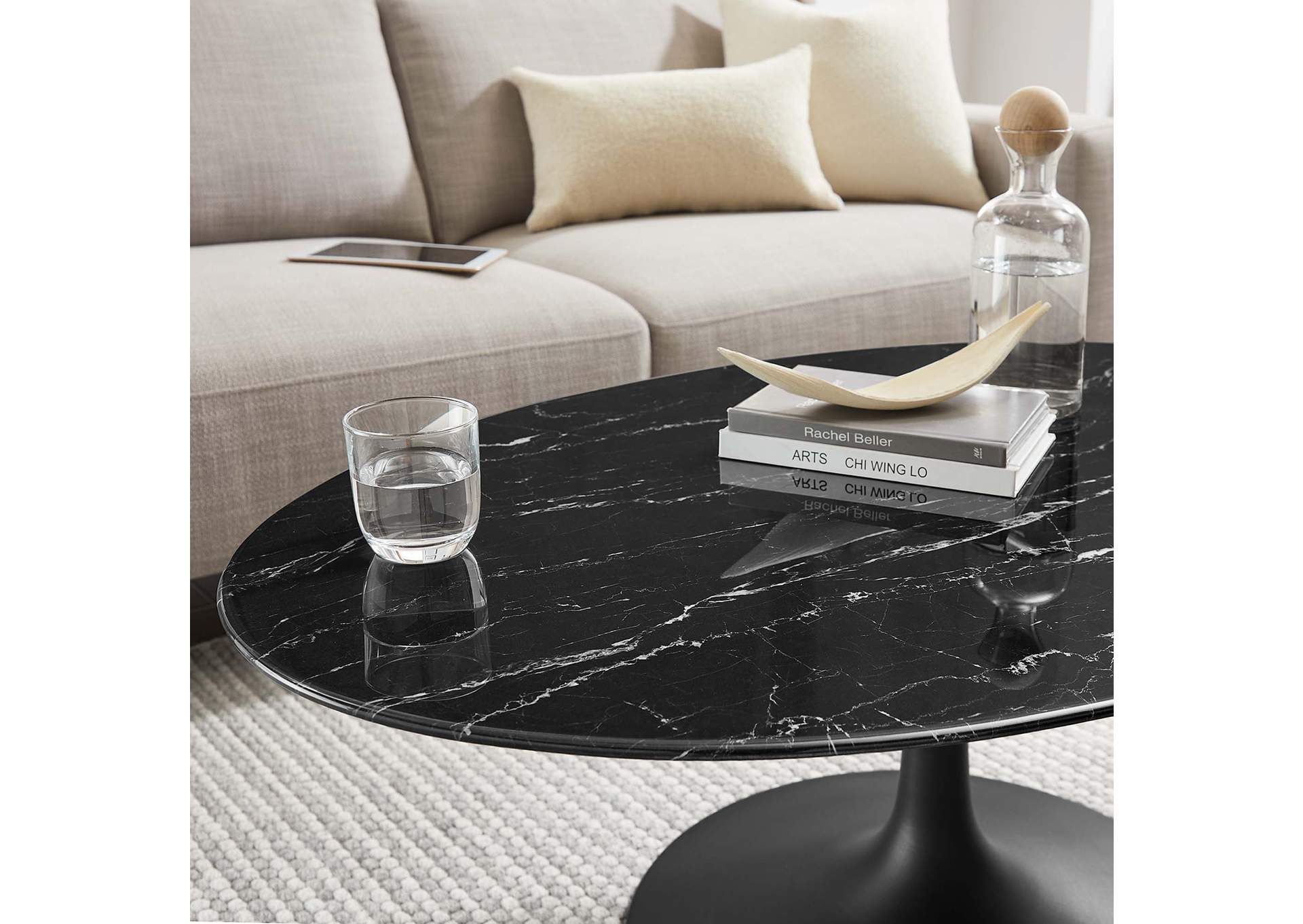 Black Black Lippa 42" Oval Artificial Marble Coffee Table,Modway