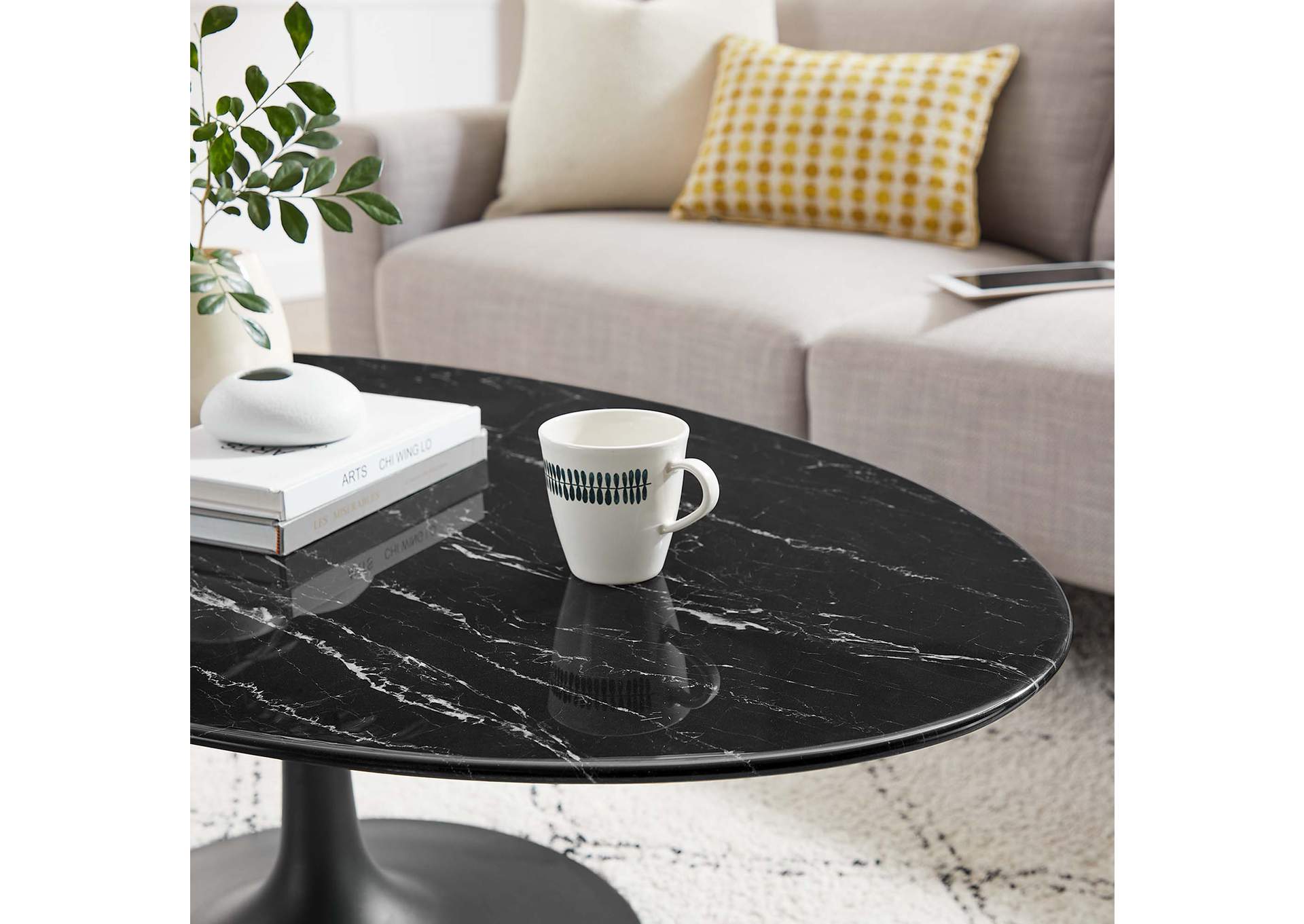 Black Black Lippa 48" Oval Artificial Marble Coffee Table,Modway