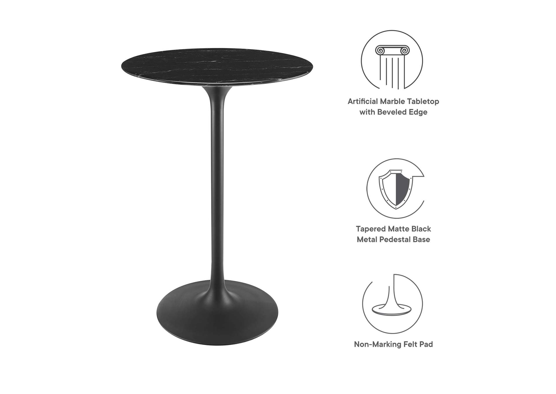 Black Black Lippa 28" Artificial Marble Bar Table,Modway