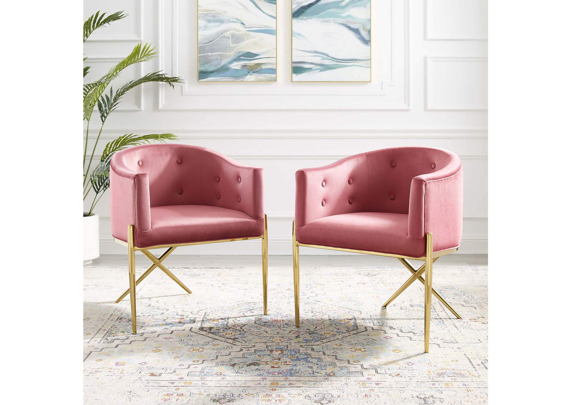 Dusty Rose Savour Accent Arm Dining Chair Performance Velvet [Set of 2],Modway