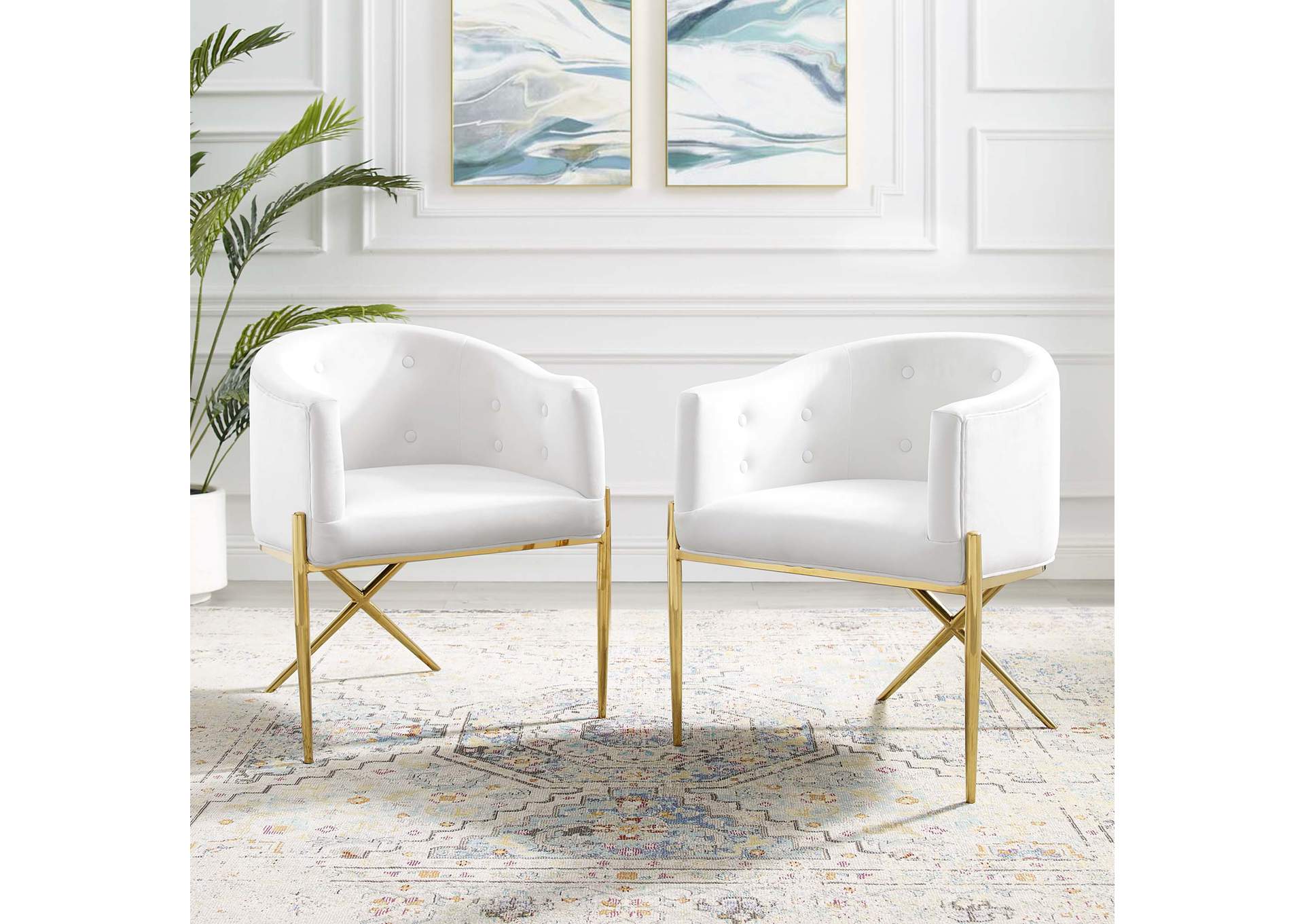 White Savour Accent Arm Dining Chair Performance Velvet [Set of 2],Modway
