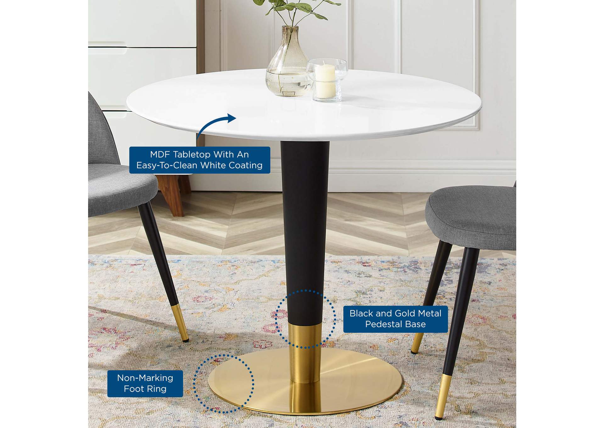 Gold White Zinque 36" Dining Table,Modway