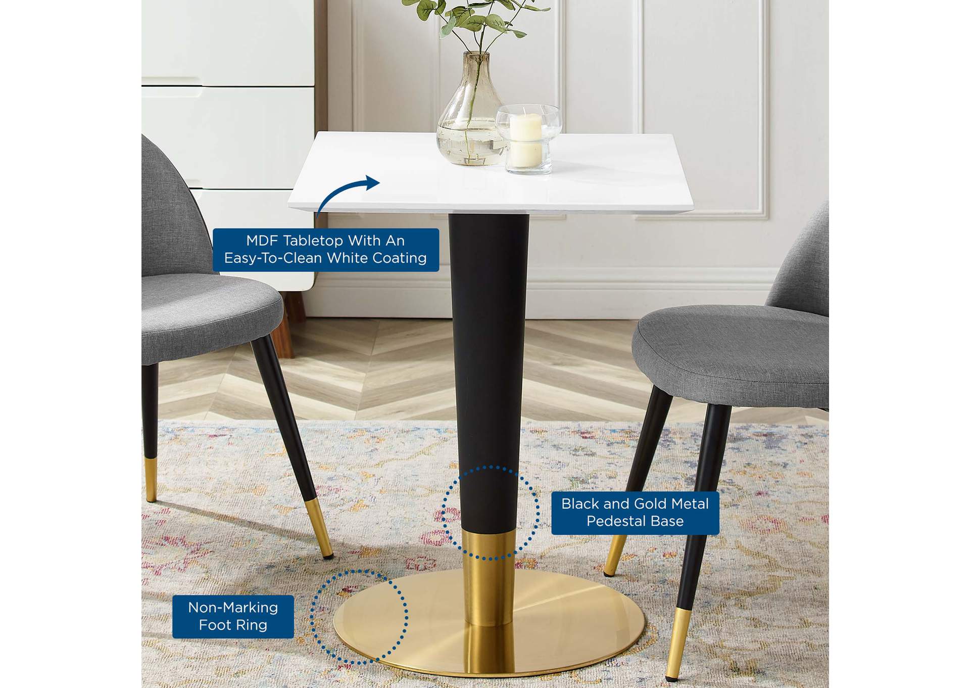 Gold White Zinque 24" Square Dining Table,Modway