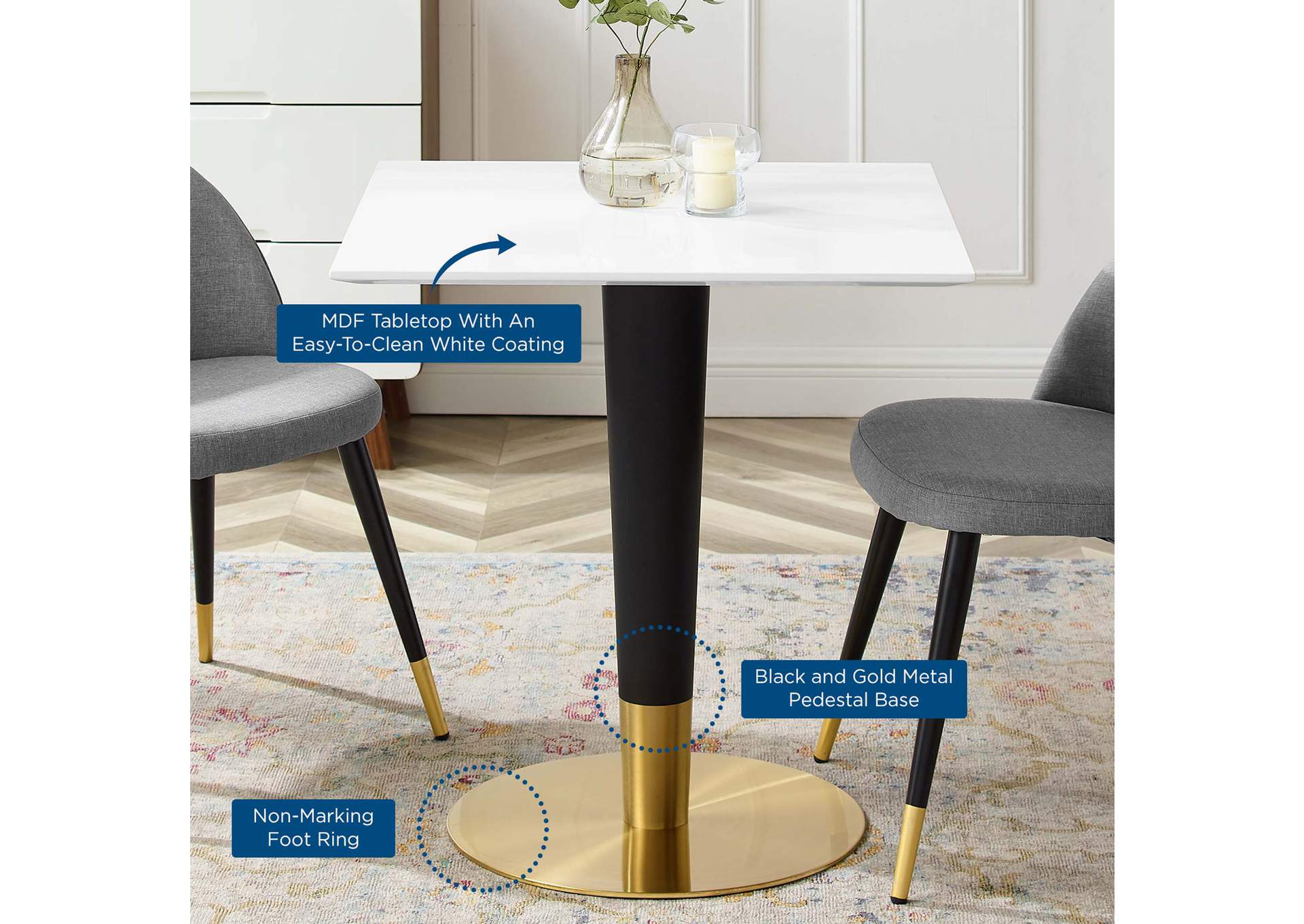 Gold White Zinque 28" Square Dining Table,Modway