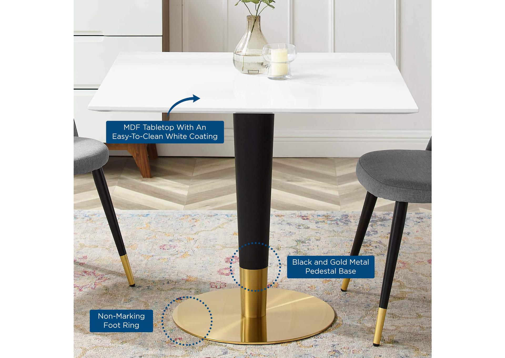 Gold White Zinque 36" Square Dining Table,Modway