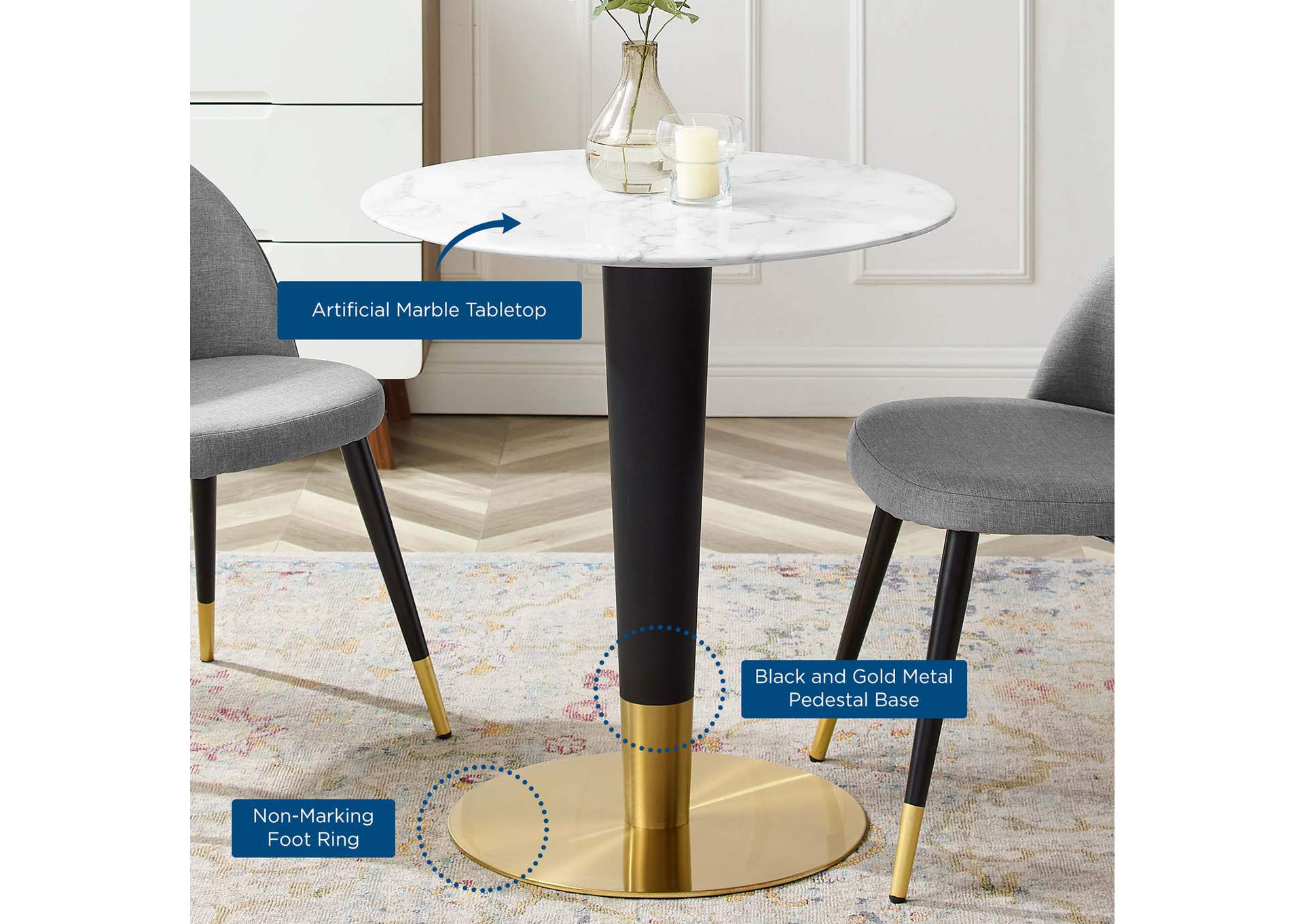 Gold White Zinque 28" Artificial Marble Dining Table,Modway