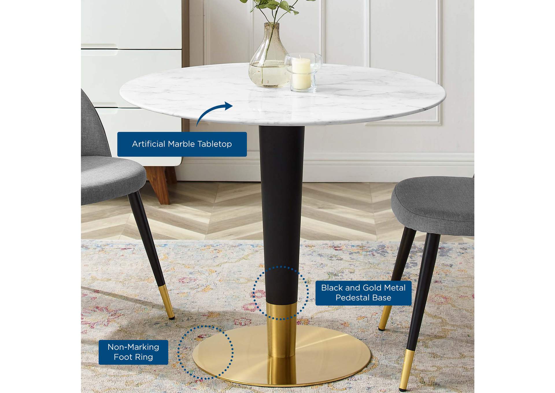 Gold White Zinque 36" Artificial Marble Dining Table,Modway