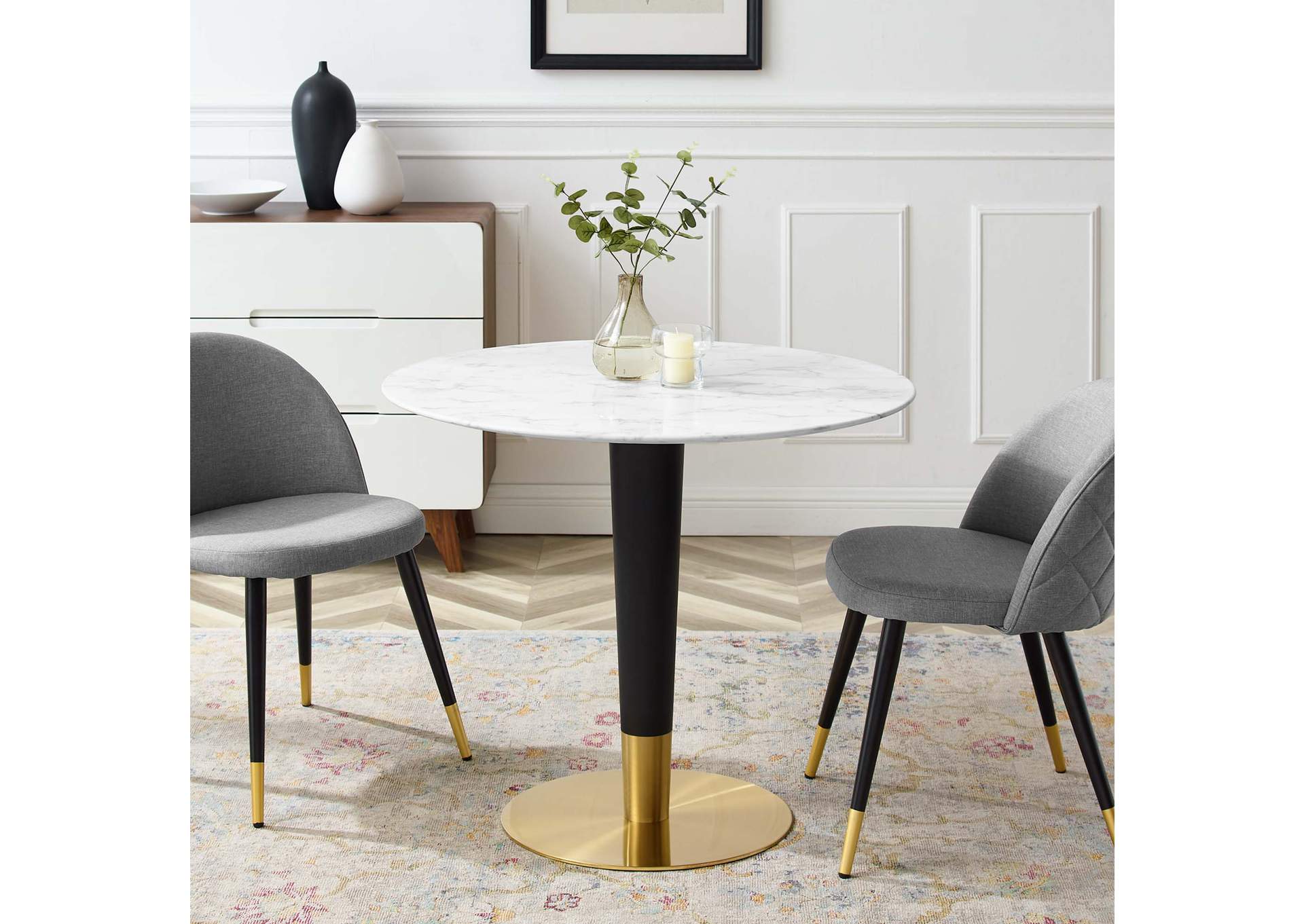 Gold White Zinque 36" Artificial Marble Dining Table,Modway