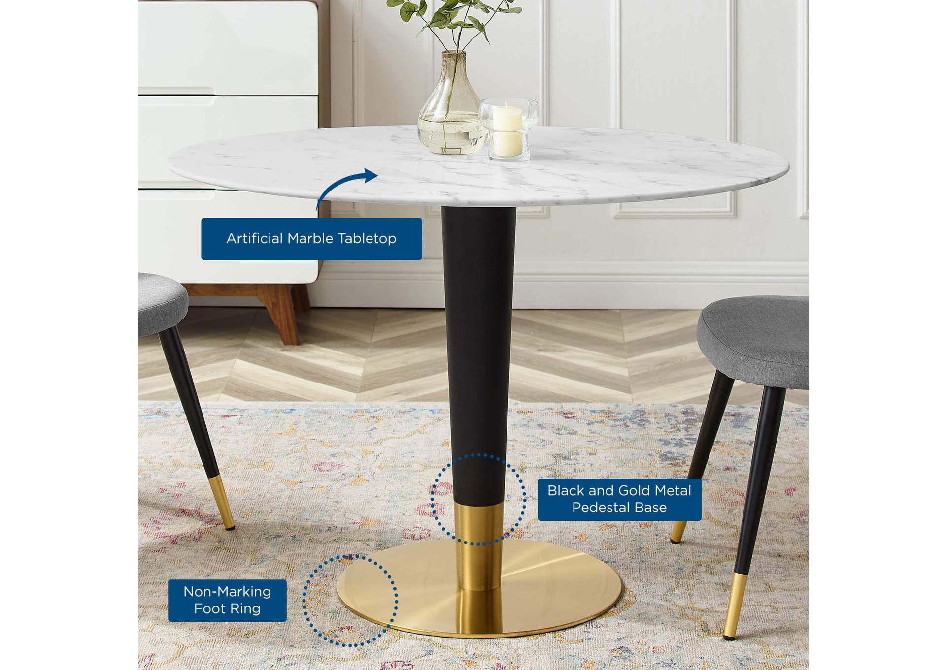 Gold White Zinque 42" Oval Artificial Marble Dining Table,Modway