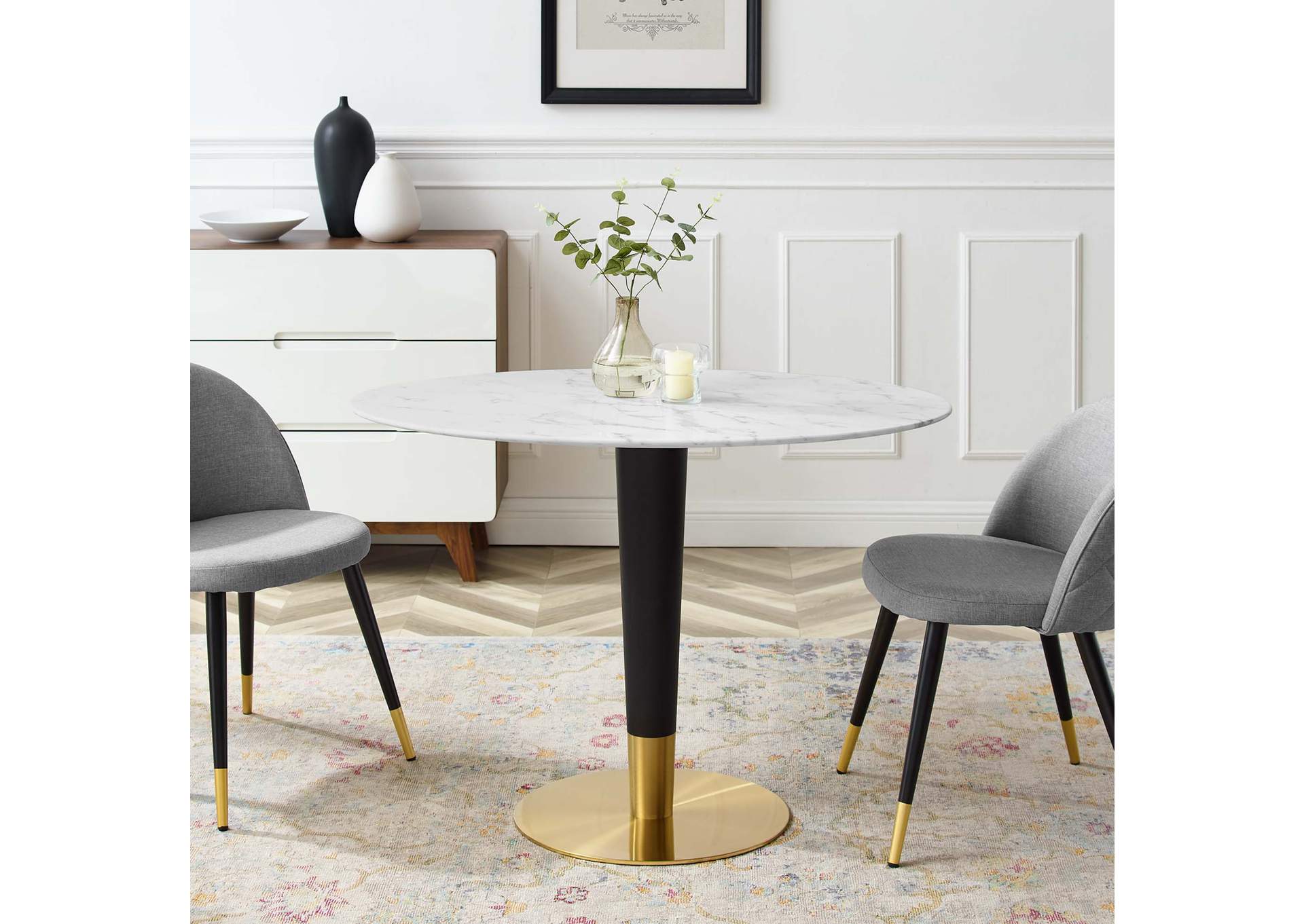 Gold White Zinque 42" Oval Artificial Marble Dining Table,Modway