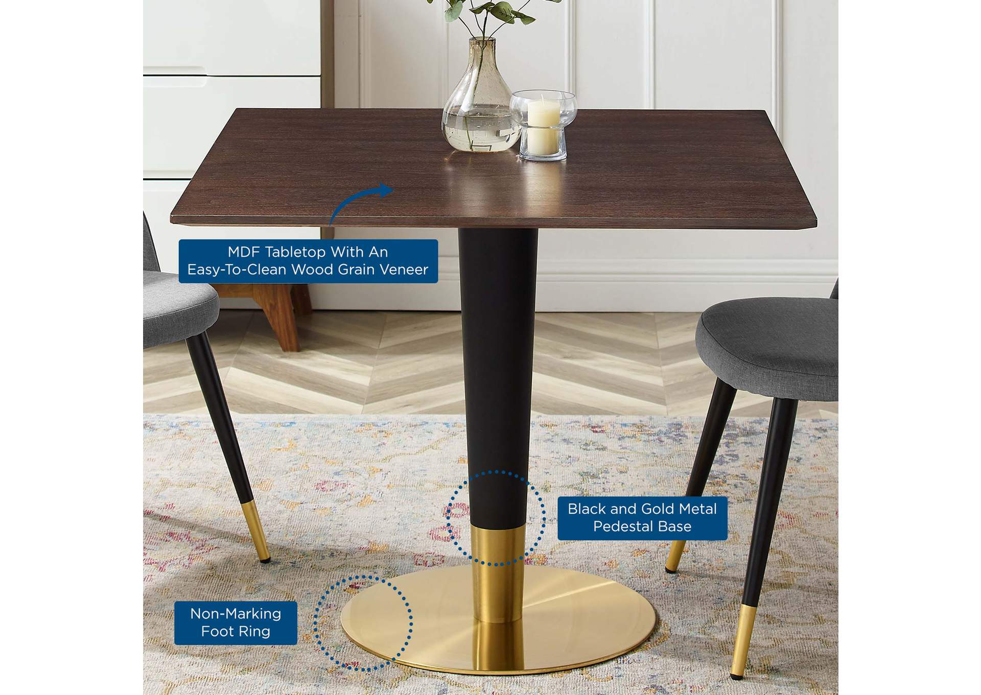 Gold Cherry Walnut Zinque 36" Square Dining Table,Modway