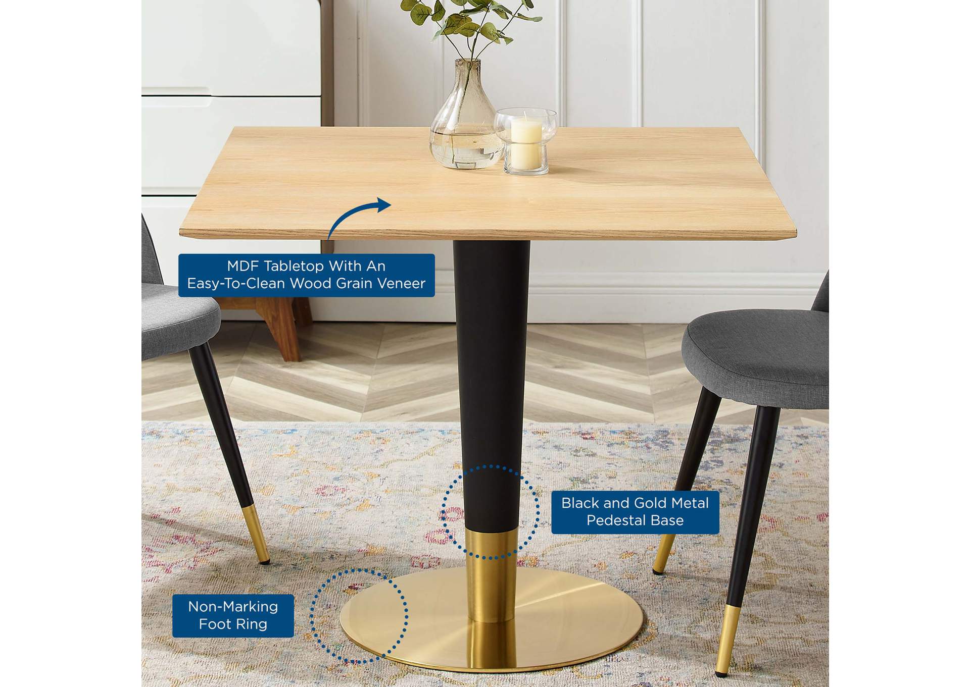 Gold Natural Zinque 36" Square Dining Table,Modway