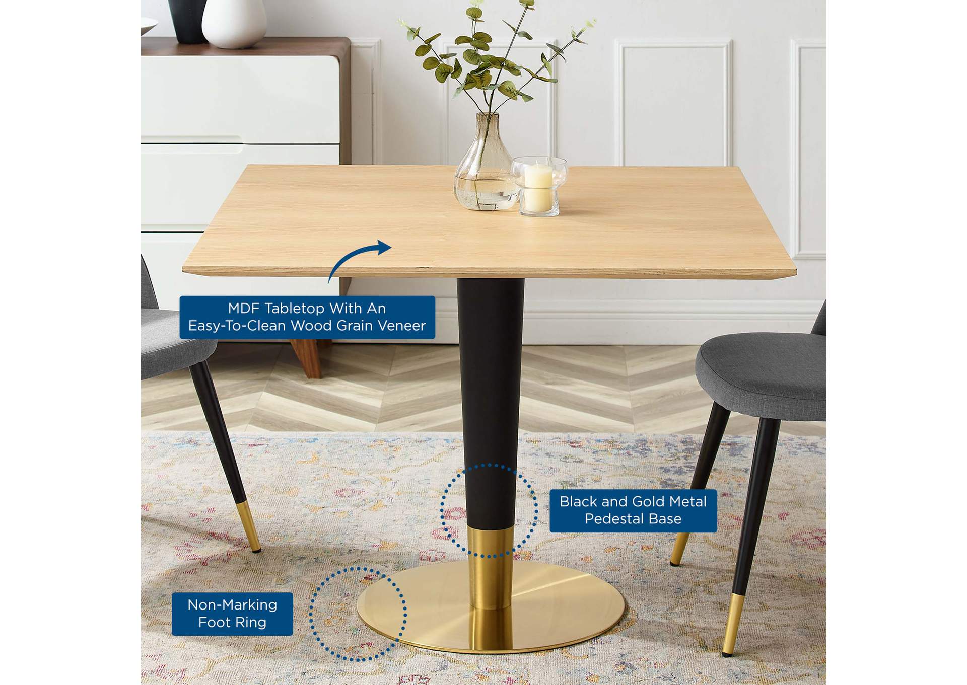 Gold Natural Zinque 40" Square Dining Table,Modway