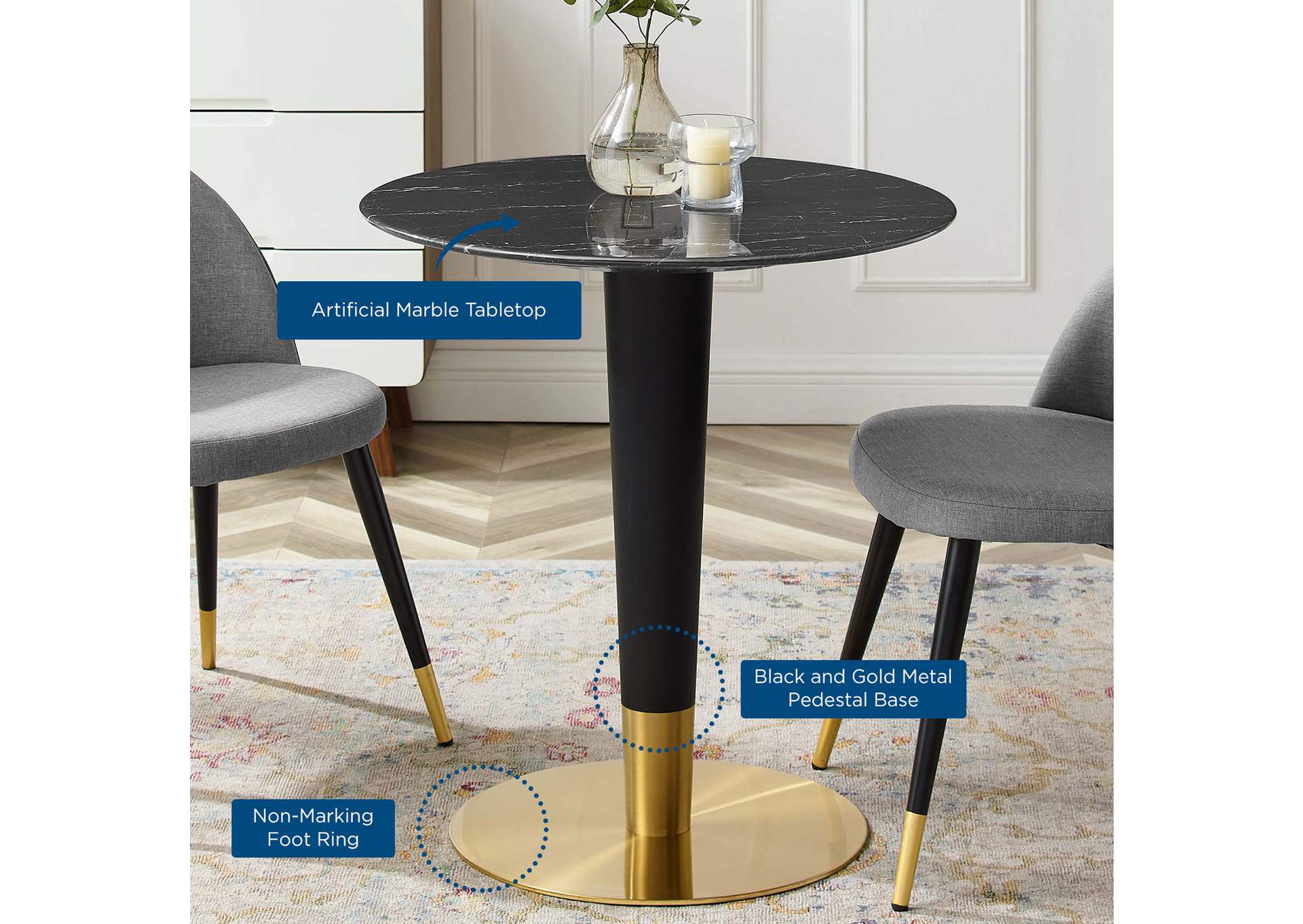 Gold Black Zinque 28" Artificial Marble Dining Table,Modway