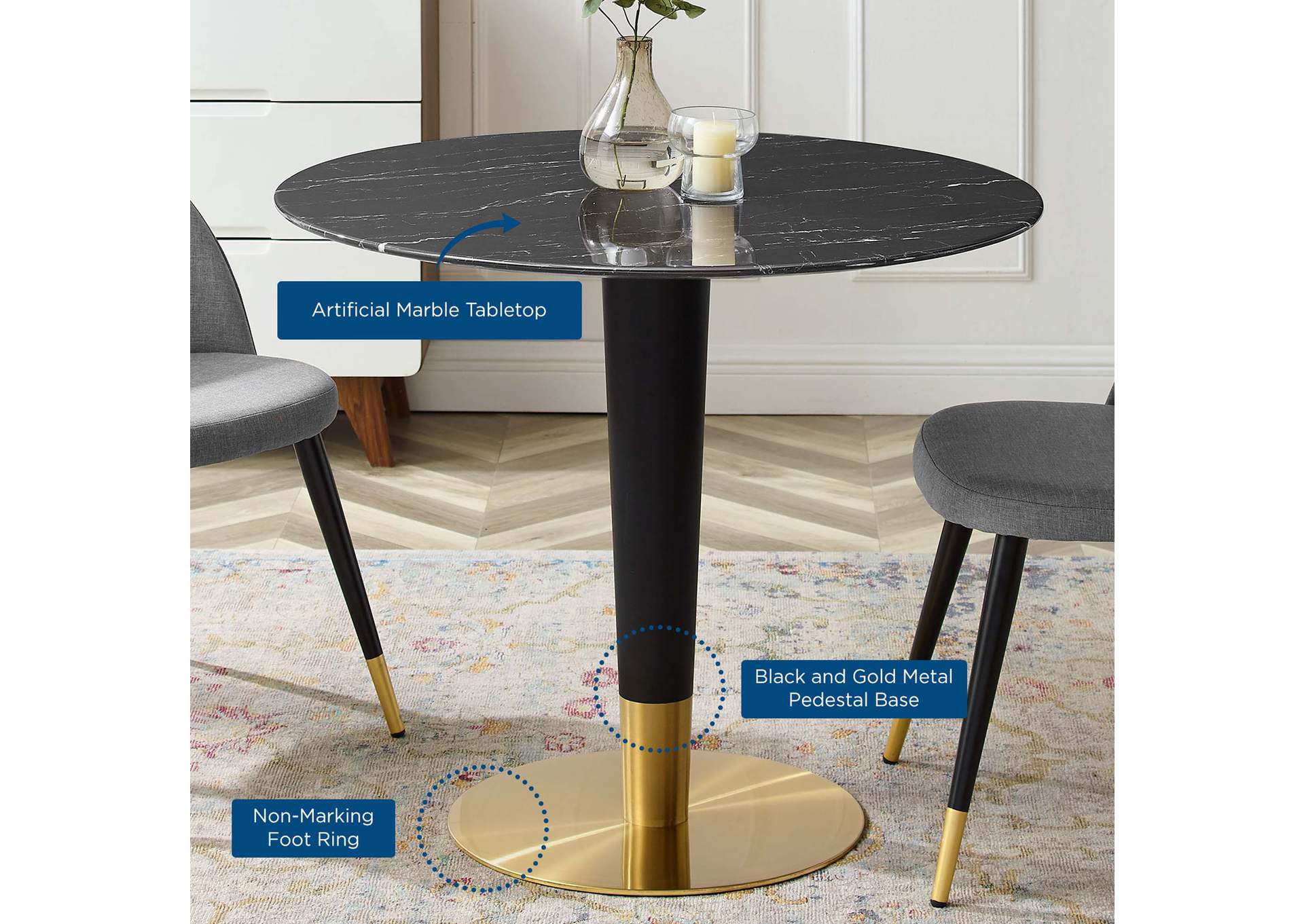 Gold Black Zinque 36" Artificial Marble Dining Table,Modway