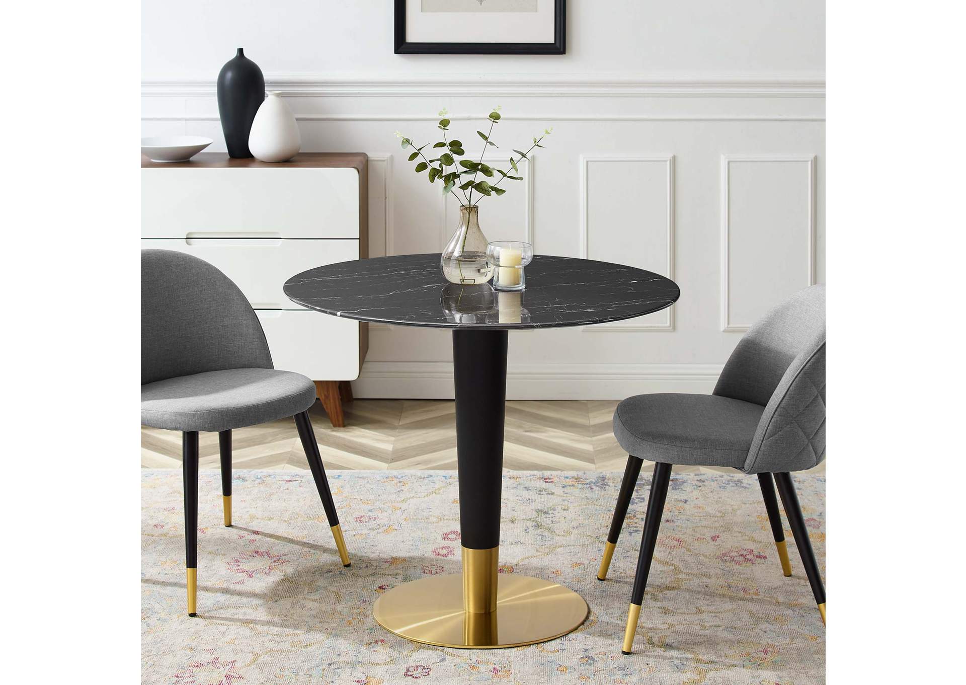 Gold Black Zinque 36" Artificial Marble Dining Table,Modway