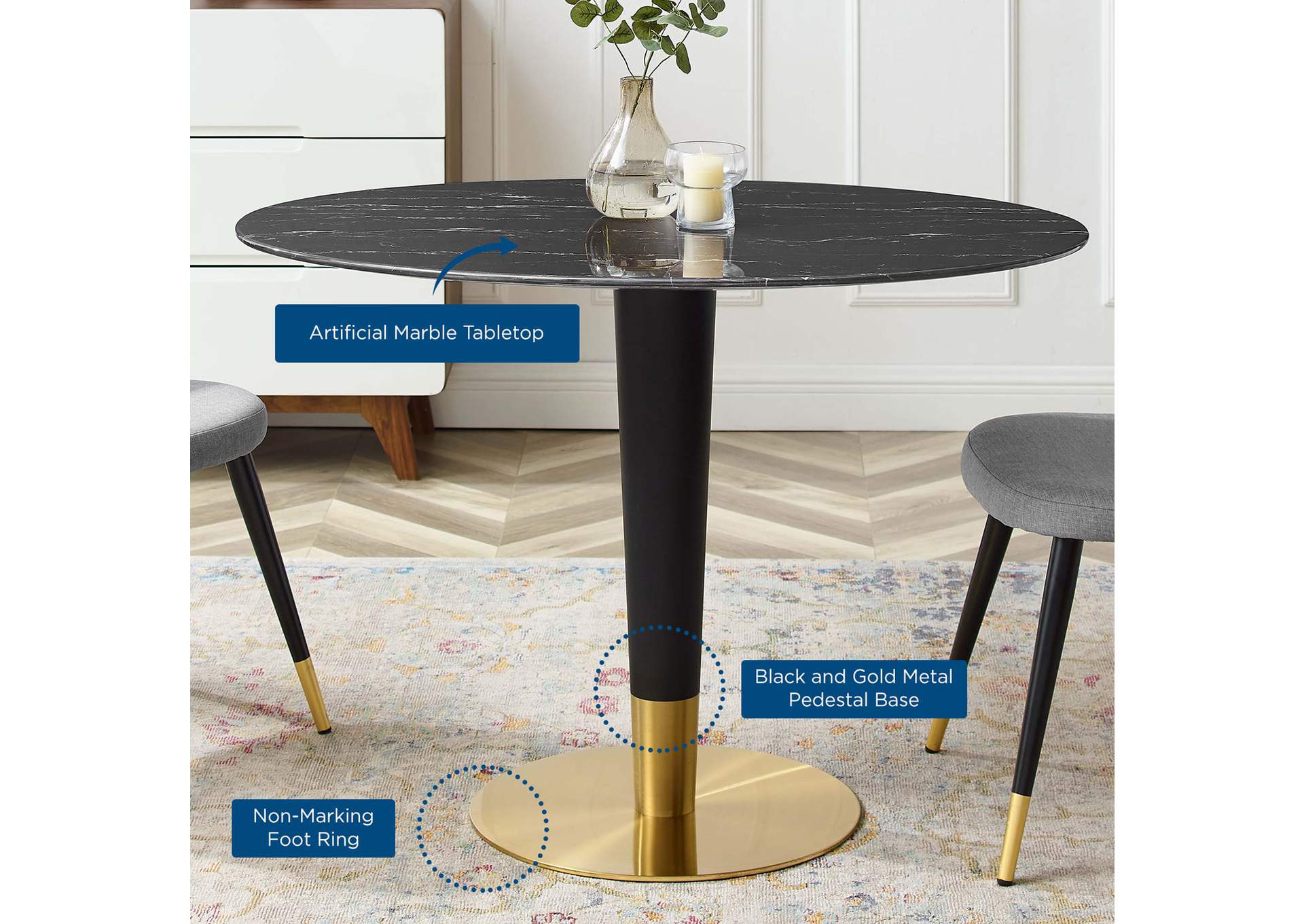 Gold Black Zinque 42" Oval Artificial Marble Dining Table,Modway