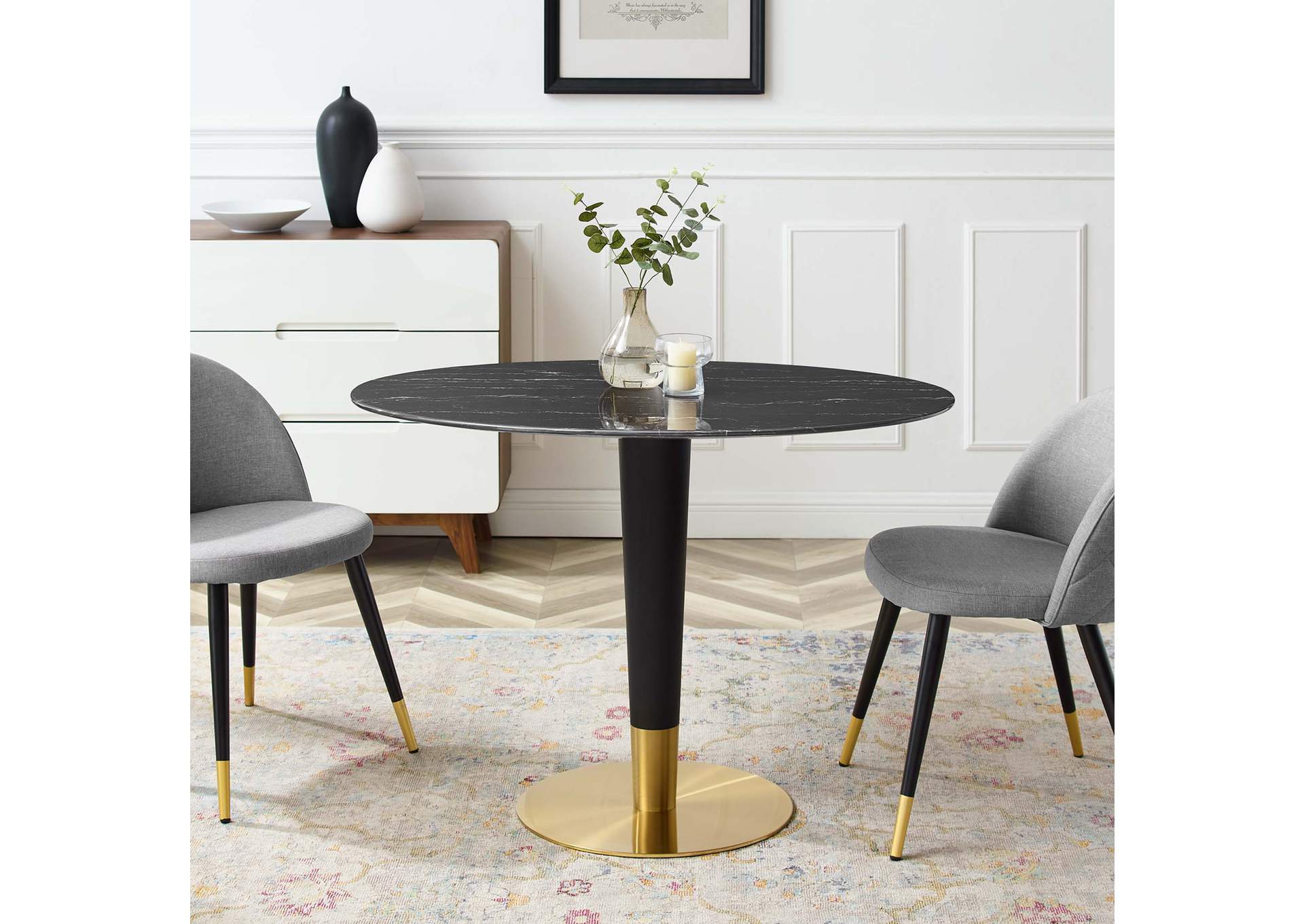 Gold Black Zinque 42" Oval Artificial Marble Dining Table,Modway