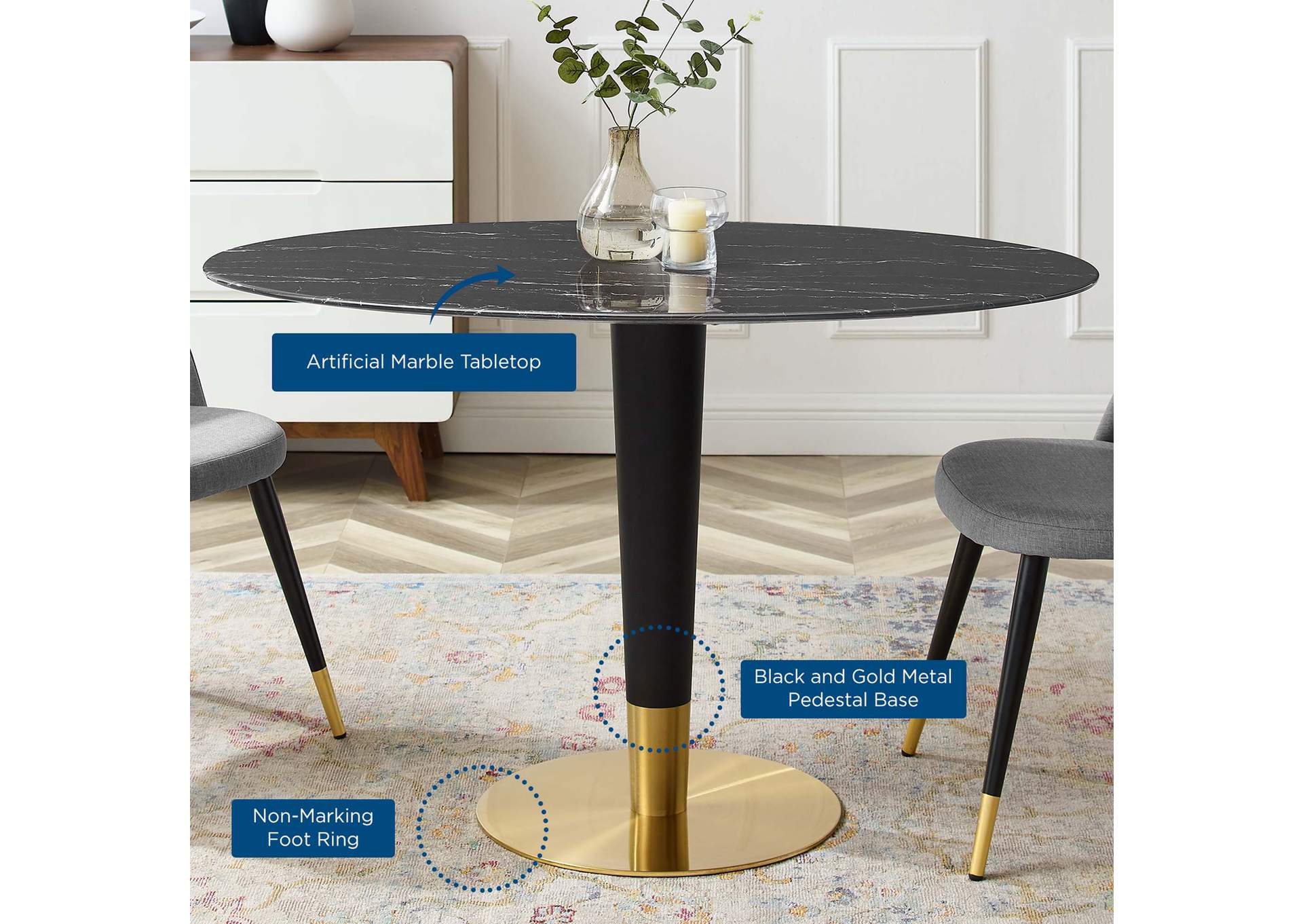 Gold Black Zinque 48" Oval Artificial Marble Dining Table,Modway