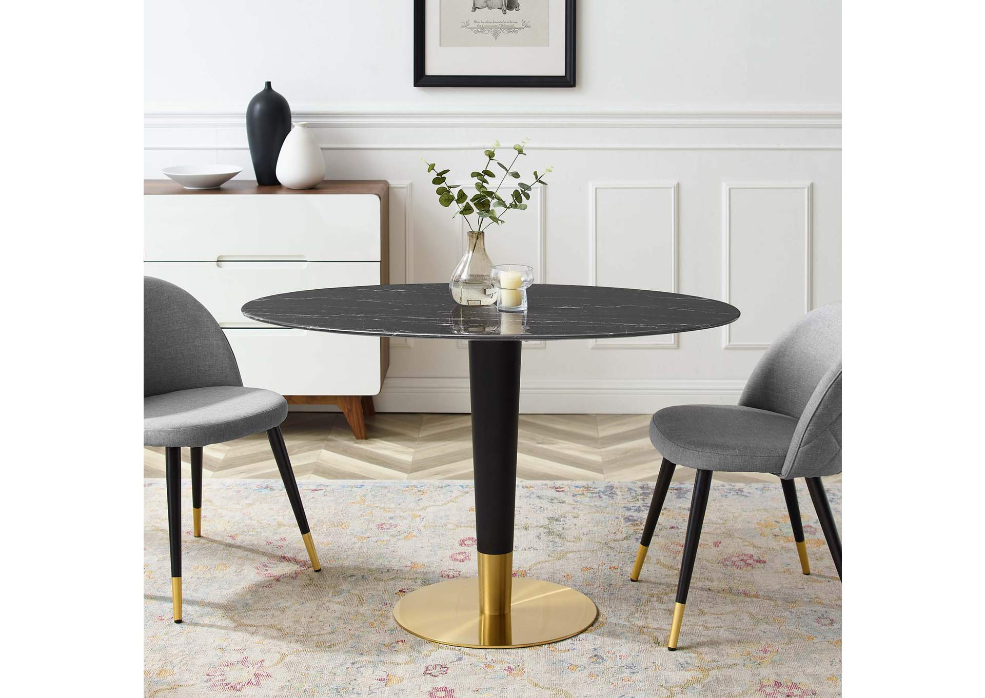 Gold Black Zinque 48" Oval Artificial Marble Dining Table,Modway
