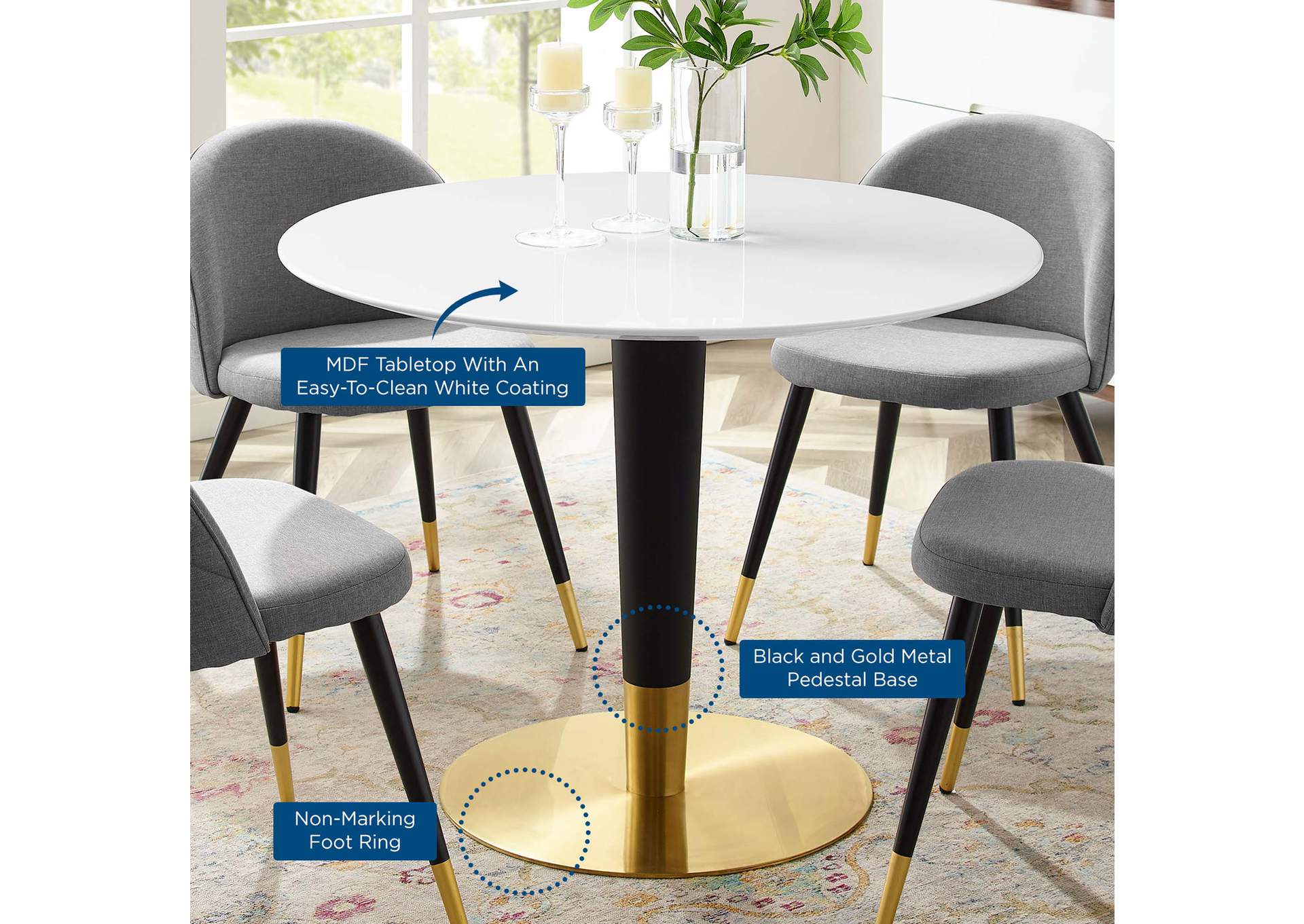 Gold White Zinque 40" Dining Table,Modway