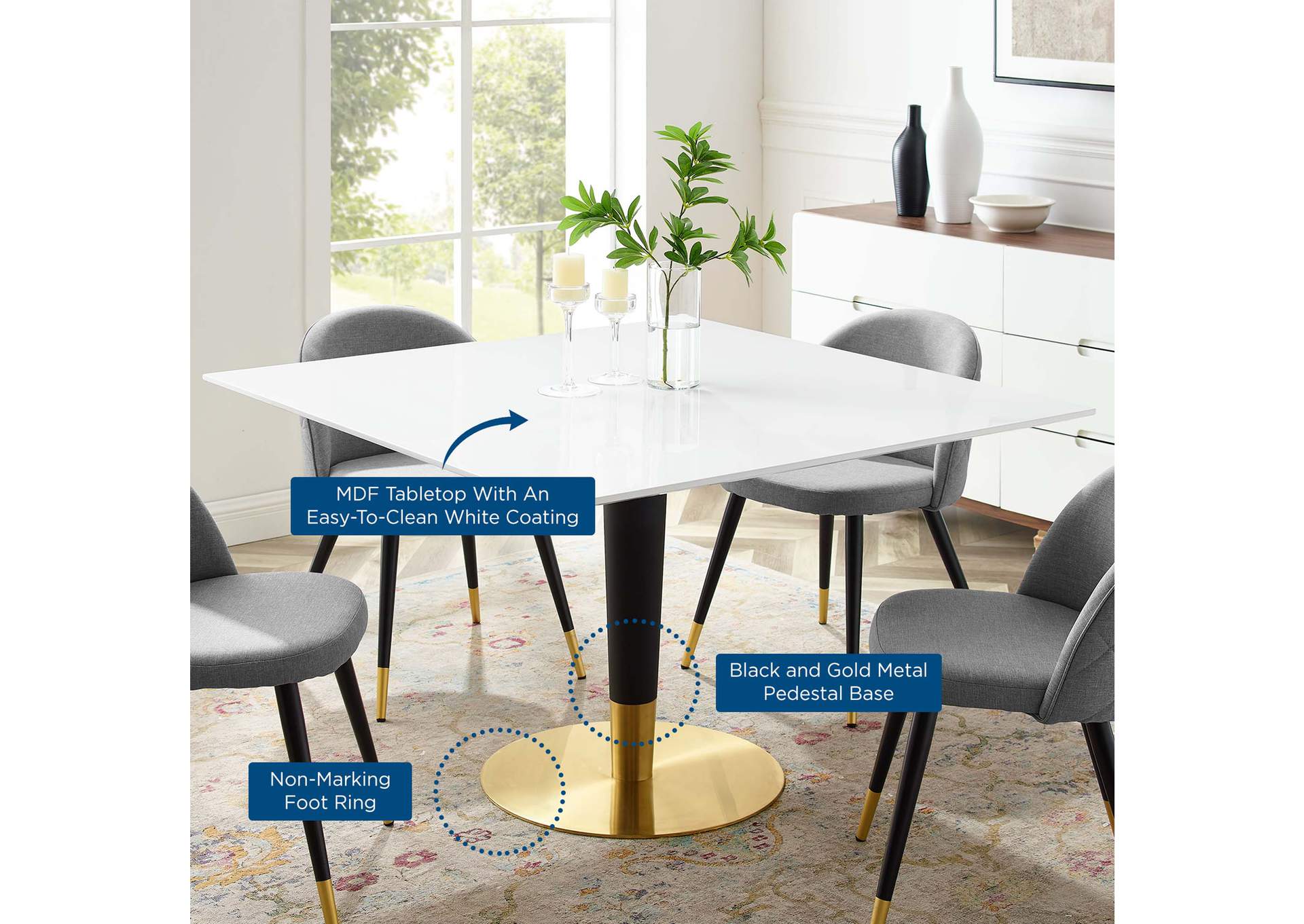 Gold White Zinque 47" Square Dining Table,Modway