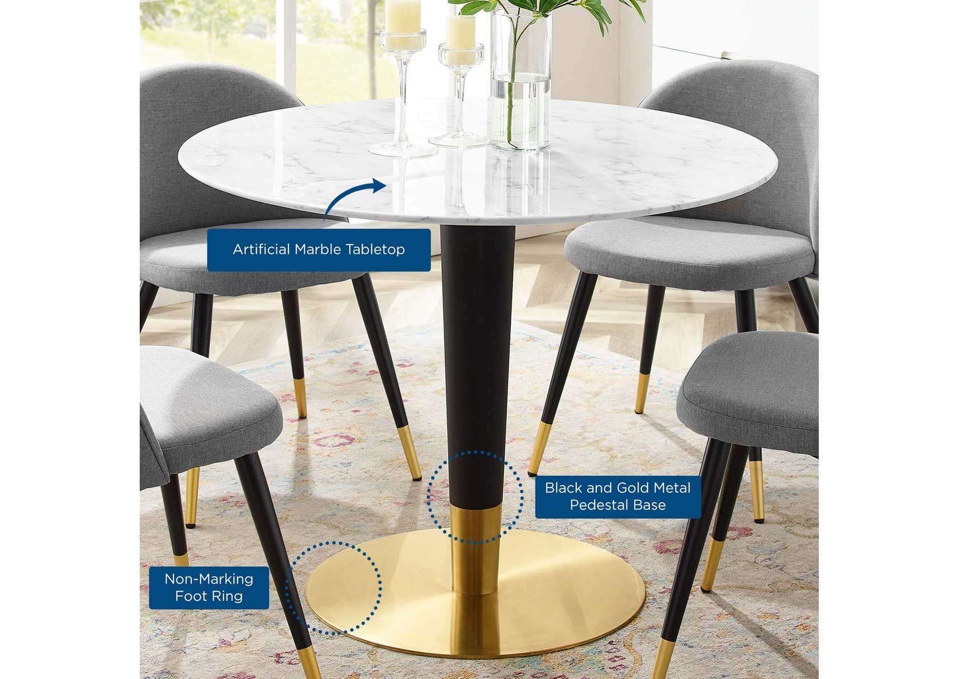 Gold White Zinque 40" Artificial Marble Dining Table,Modway