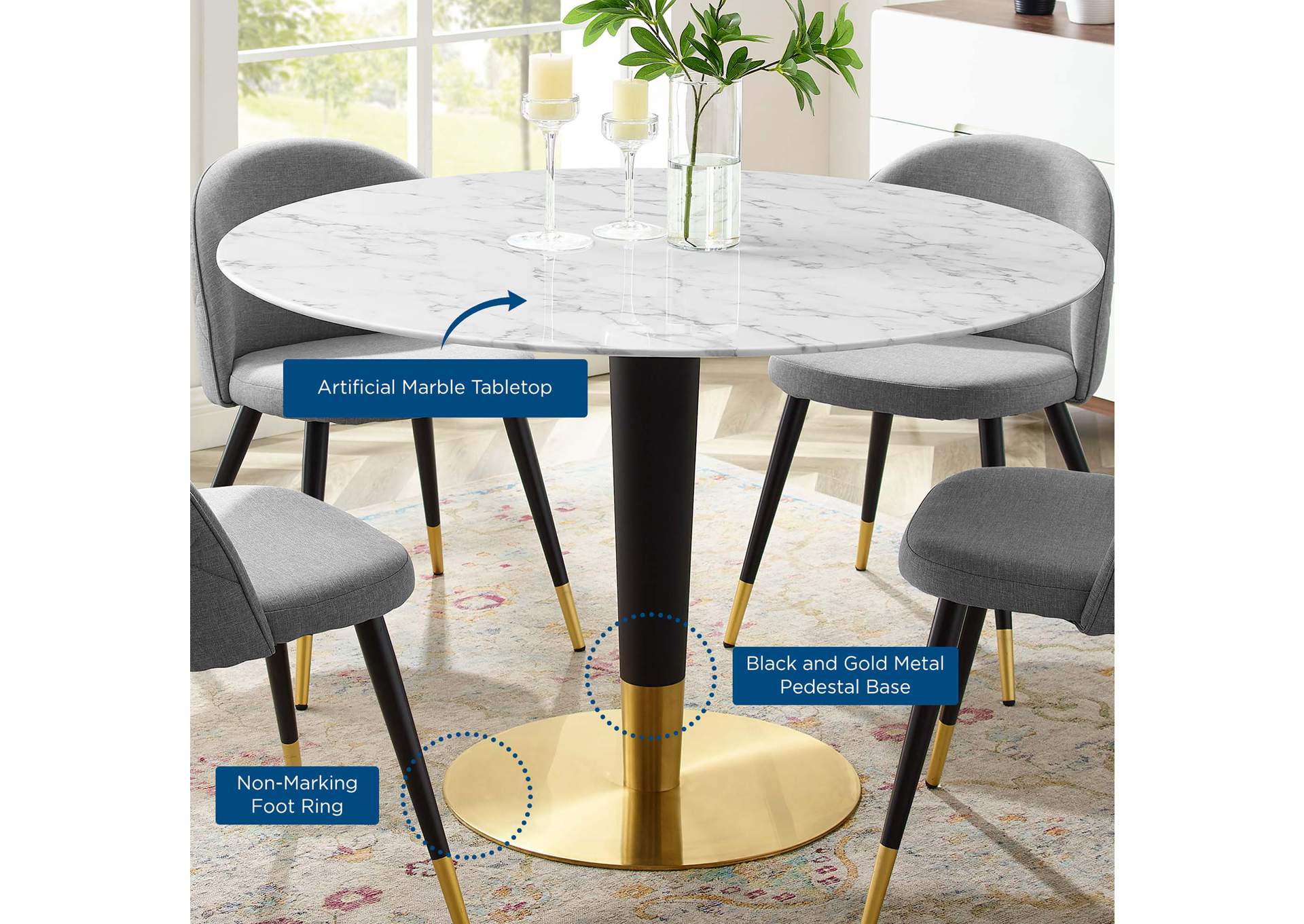 Gold White Zinque 47" Artificial Marble Dining Table,Modway