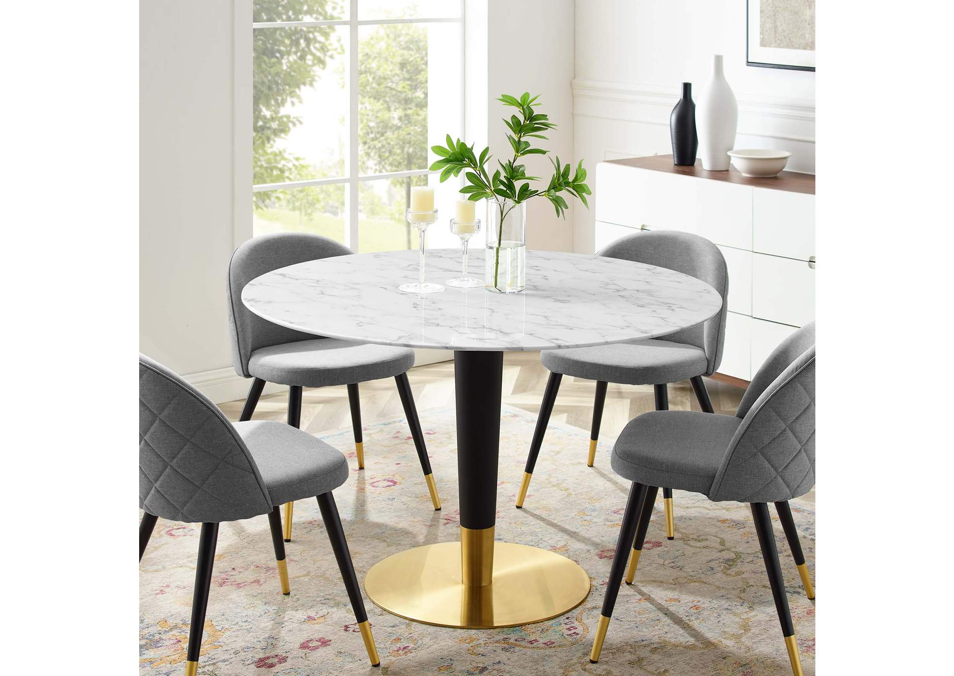 Gold White Zinque 47" Artificial Marble Dining Table,Modway