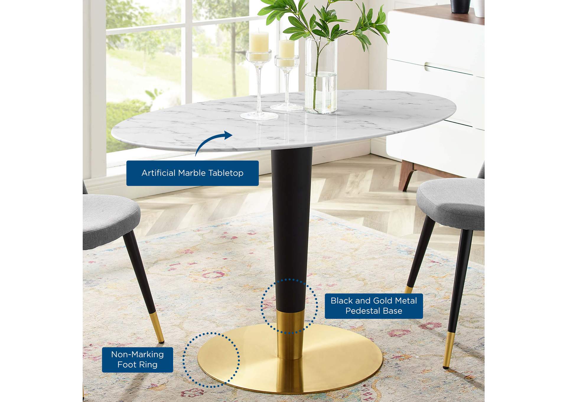 Gold White Zinque 48" Oval Artificial Marble Dining Table,Modway